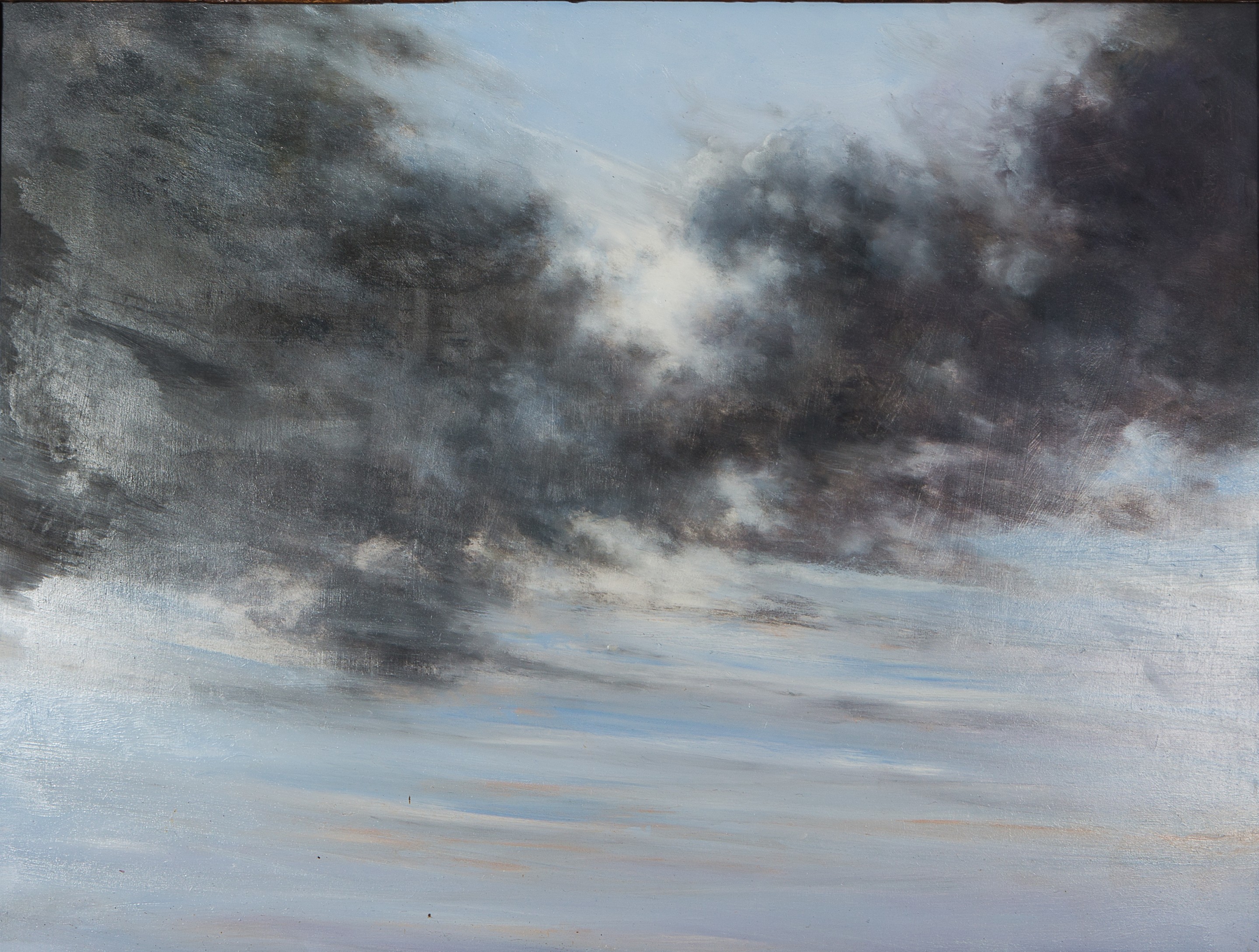 A painting of a cloudy sky in a black frame.