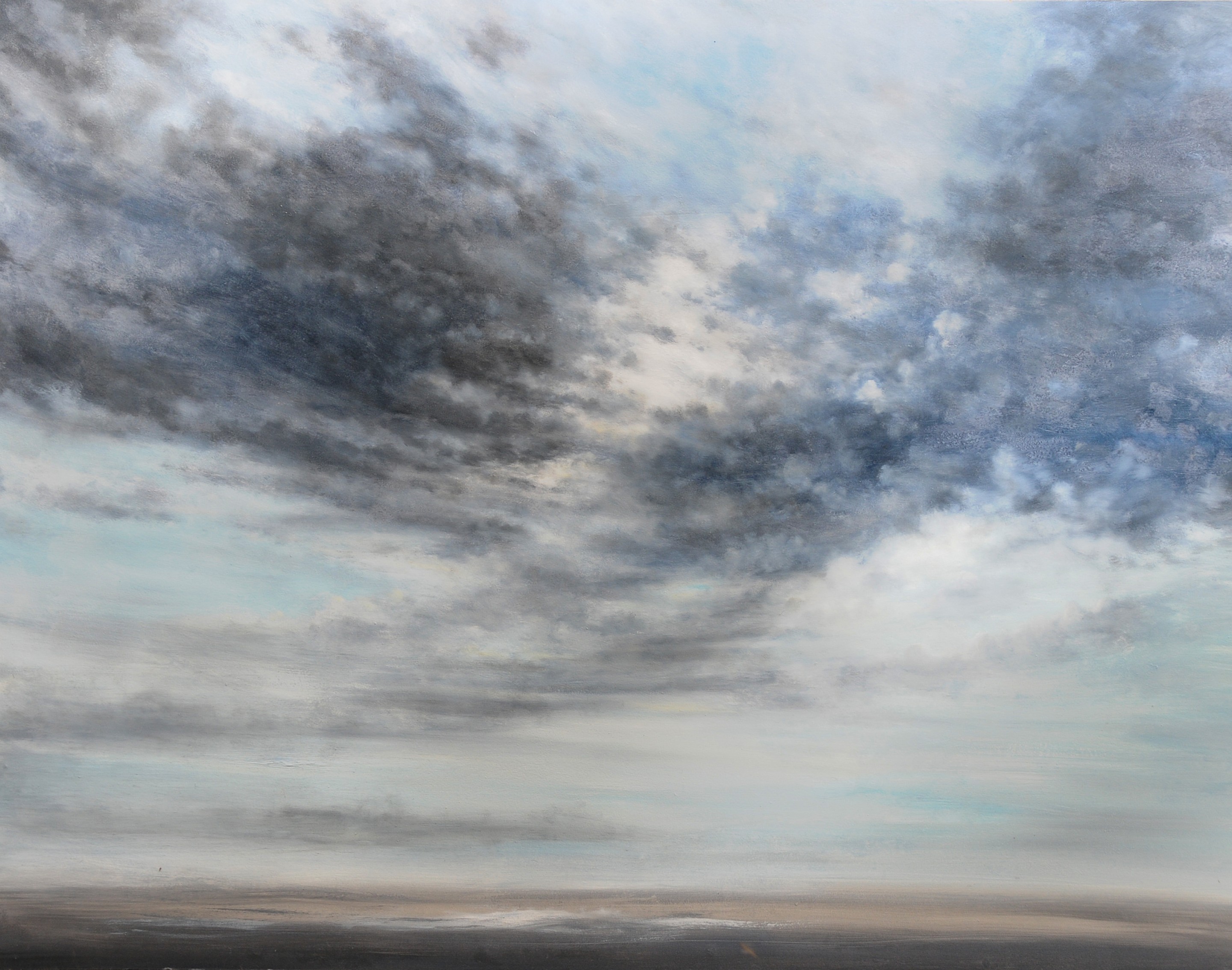 A painting of a cloudy sky over a body of water.