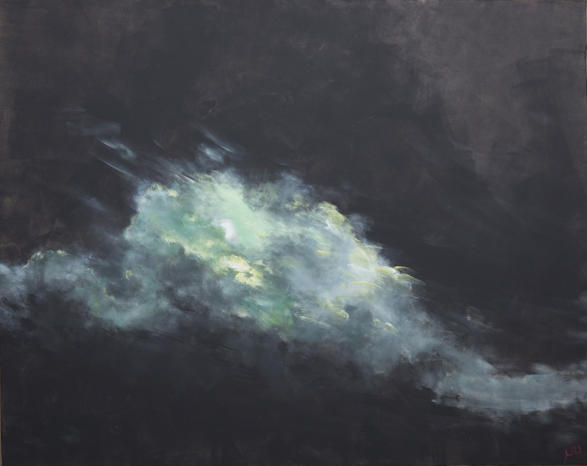 A dark, moody painting of a glowing, cloud-like form against a black background.