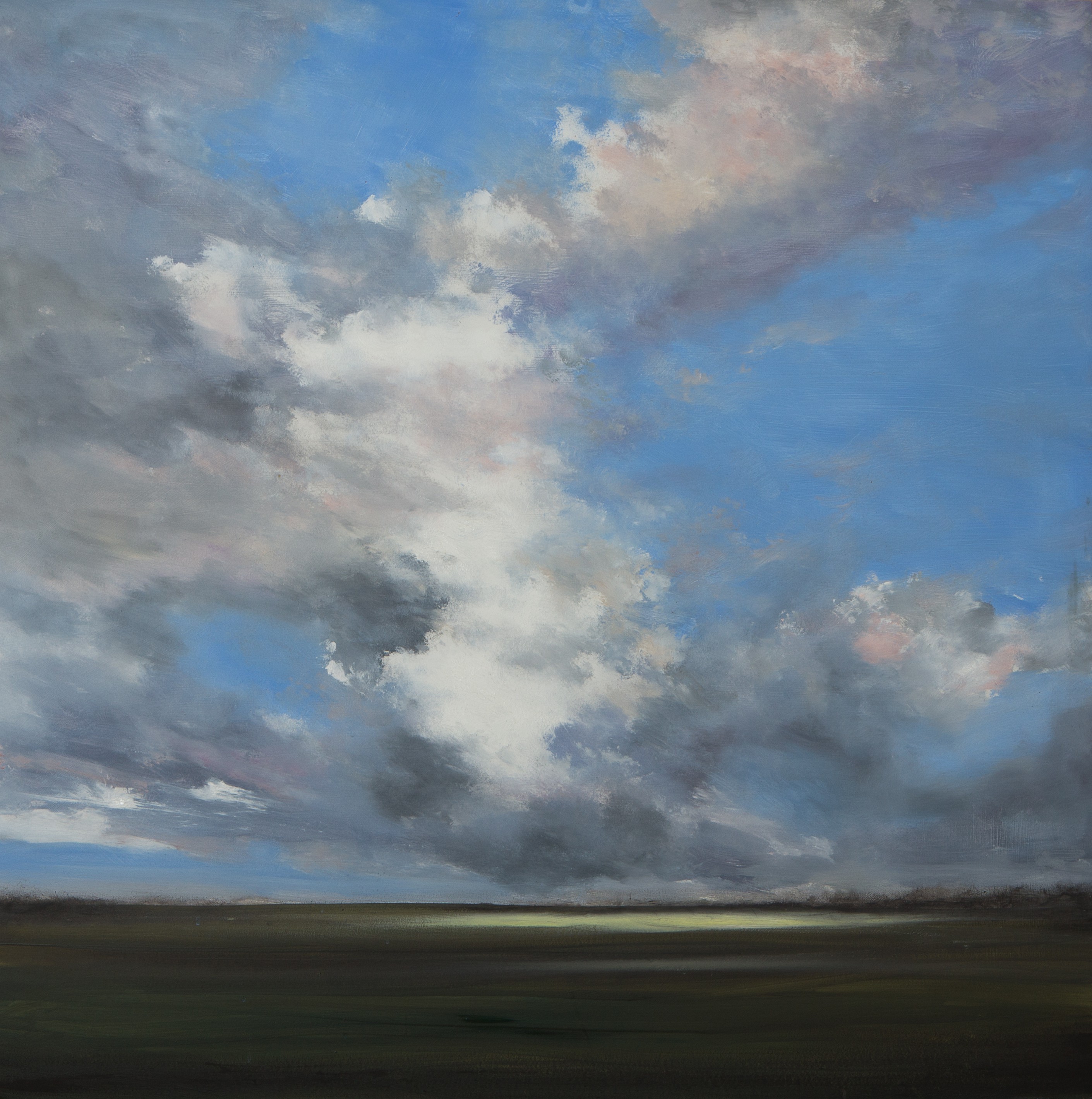 A painting of a cloudy sky over a field.