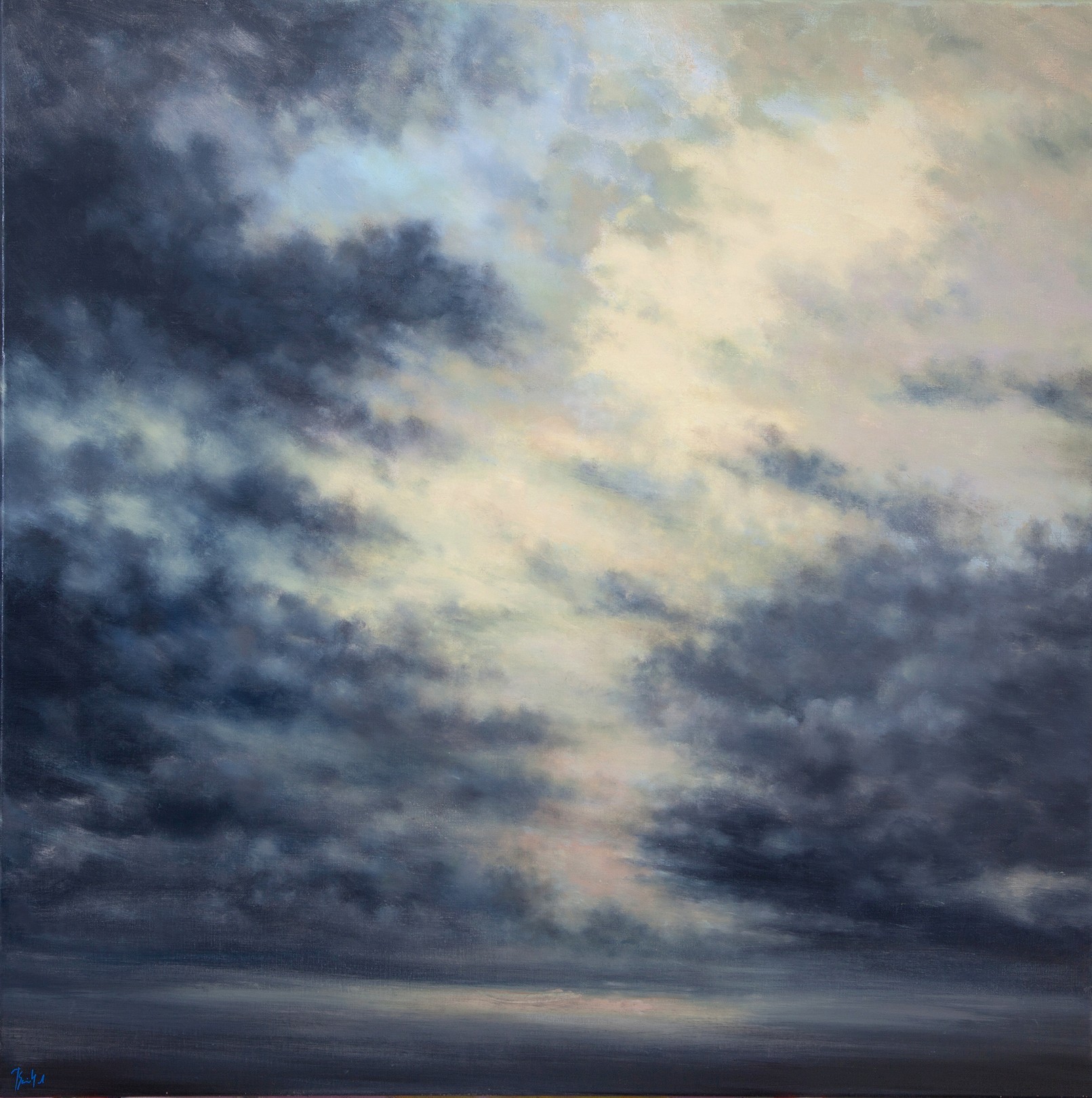A painting of a cloudy sky over a body of water.
