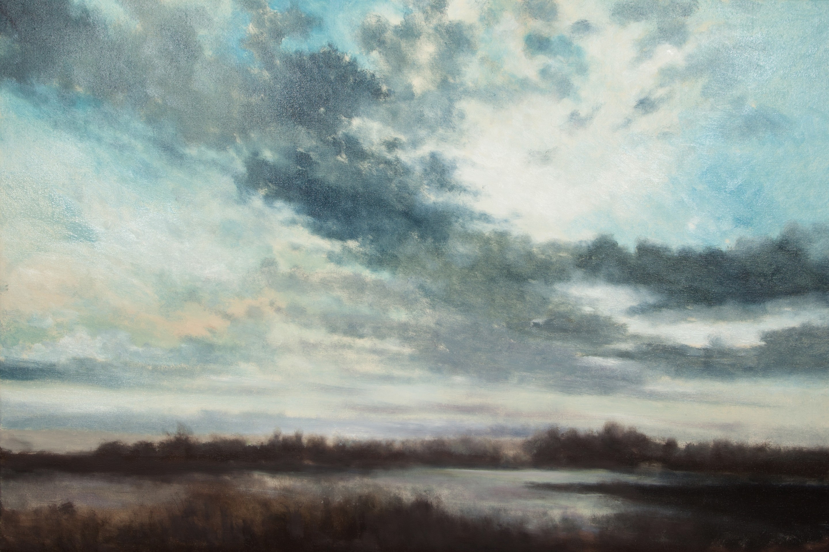 A moody landscape painting featuring a vast sky and a misty foreground.