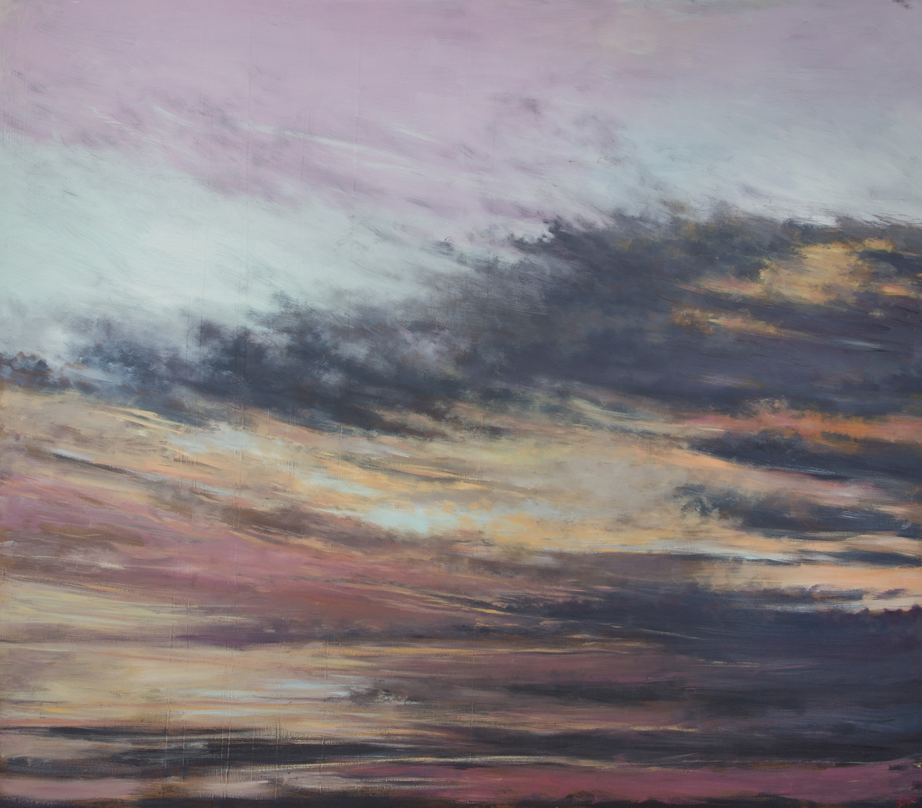 A dramatic sky filled with layered clouds in a palette of purples, golds, and dark grays.