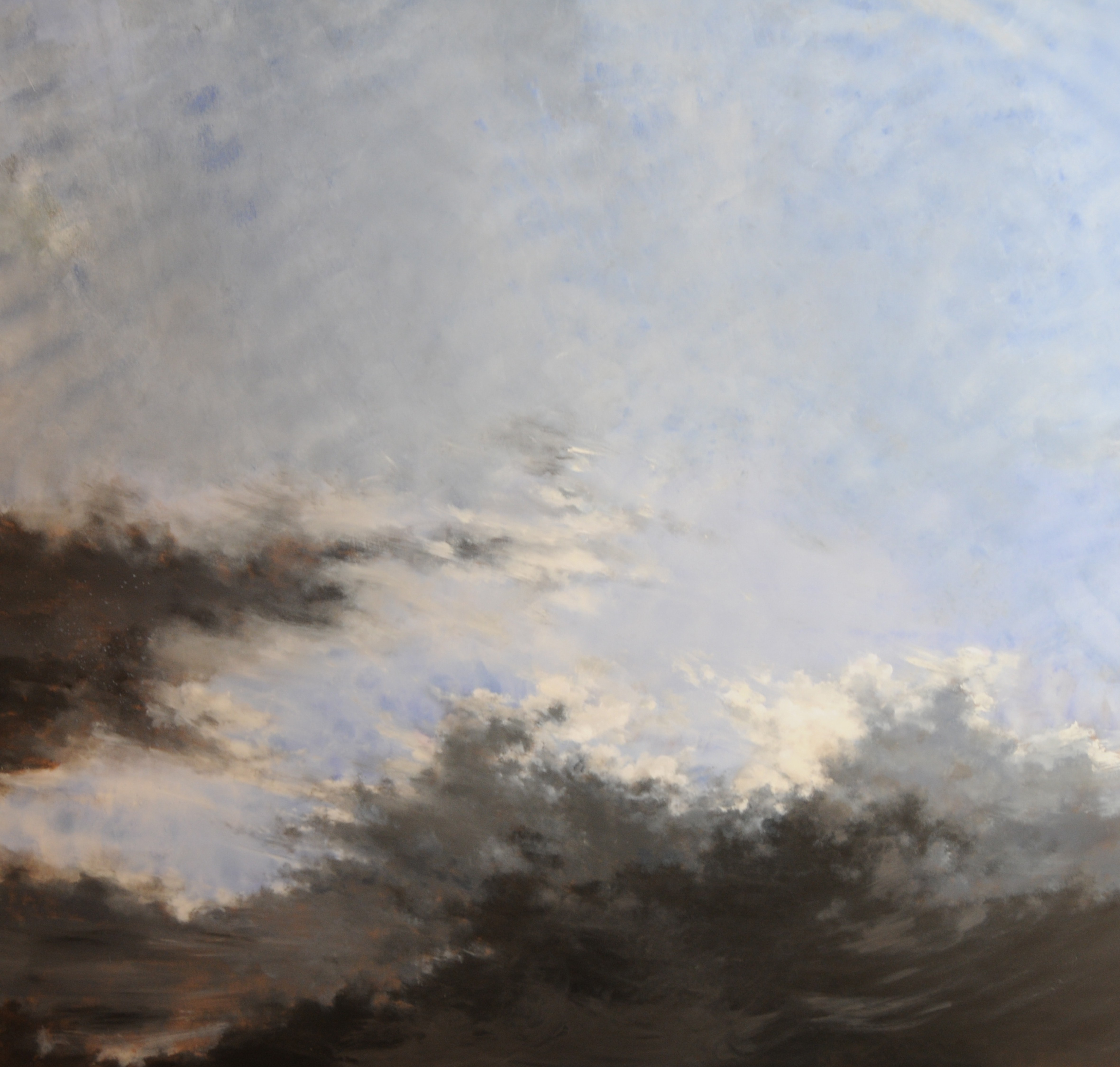 A moody, atmospheric seascape painting featuring turbulent dark clouds over a calm sea.