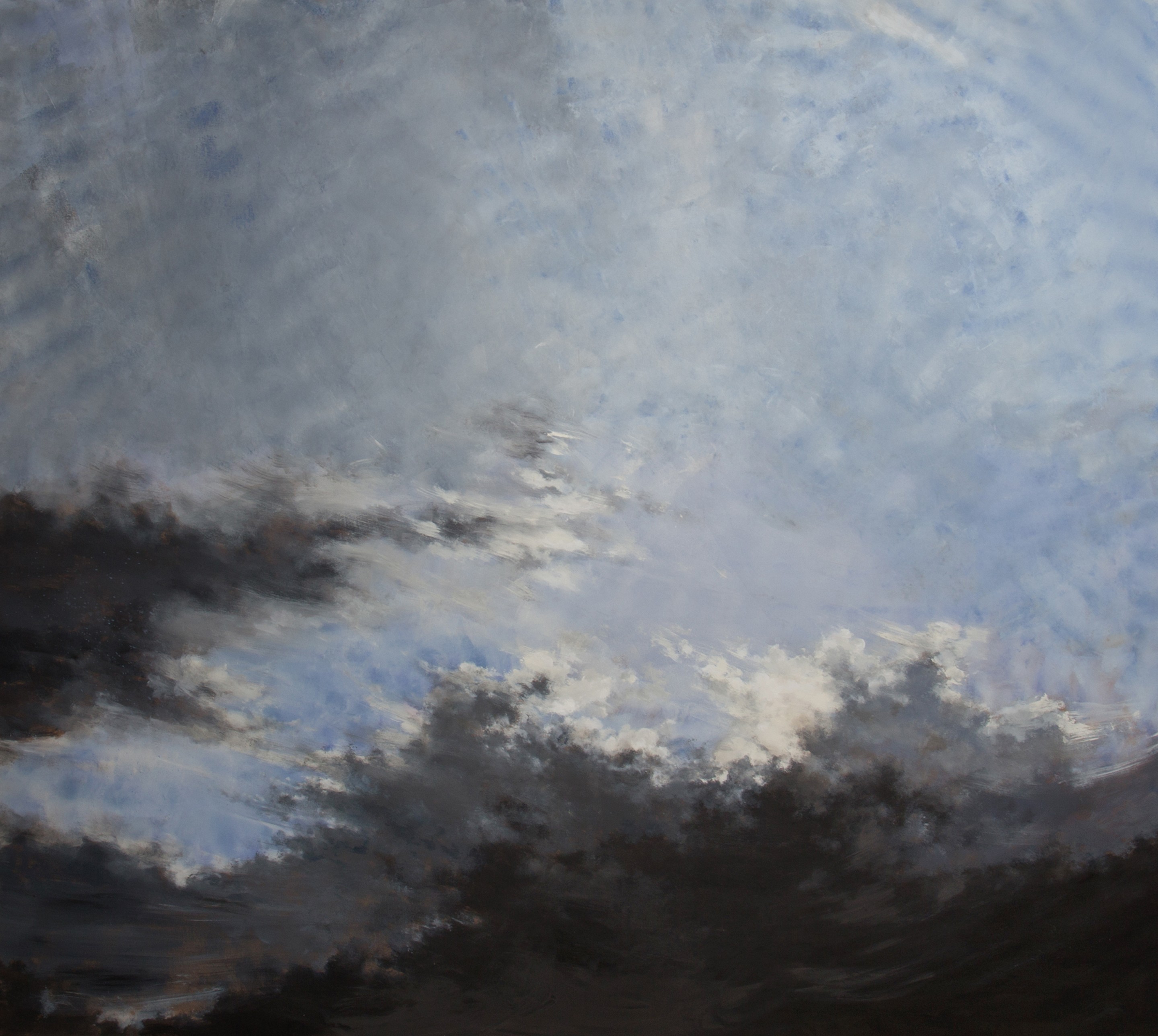 A moody, atmospheric seascape painting featuring turbulent dark clouds over a calm sea.