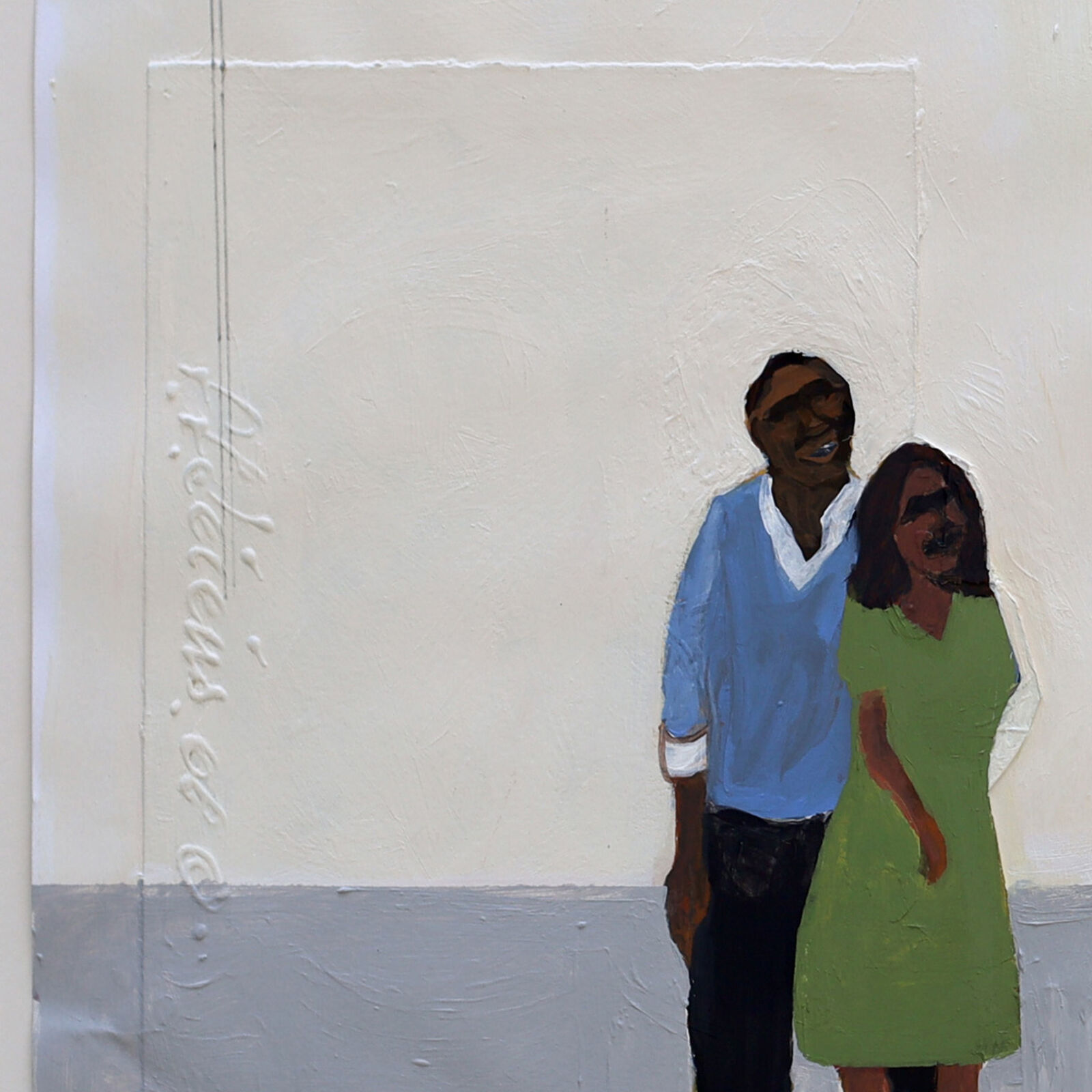 A painting of a man and woman standing in front of a red building.