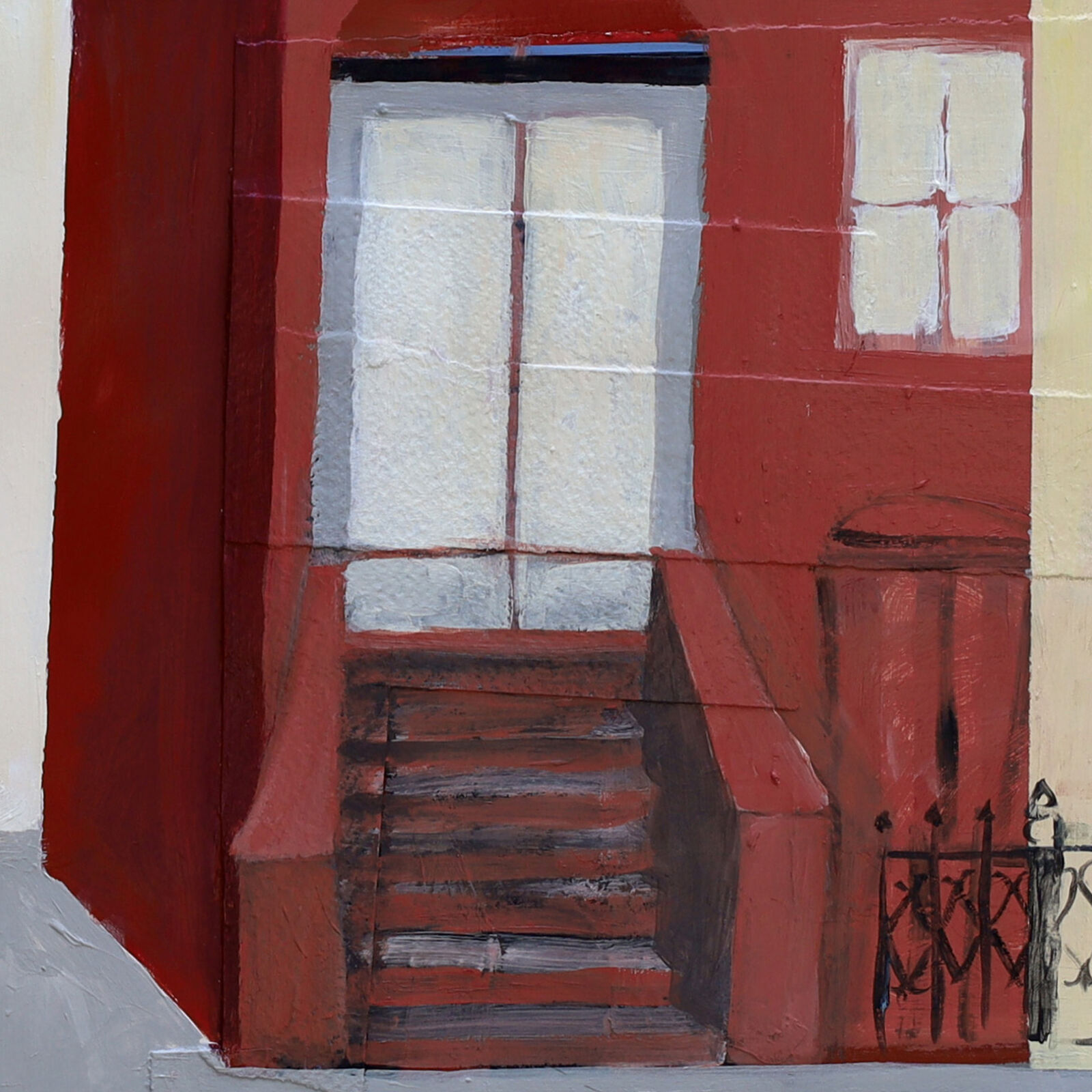A painting of a man and woman standing in front of a red building.