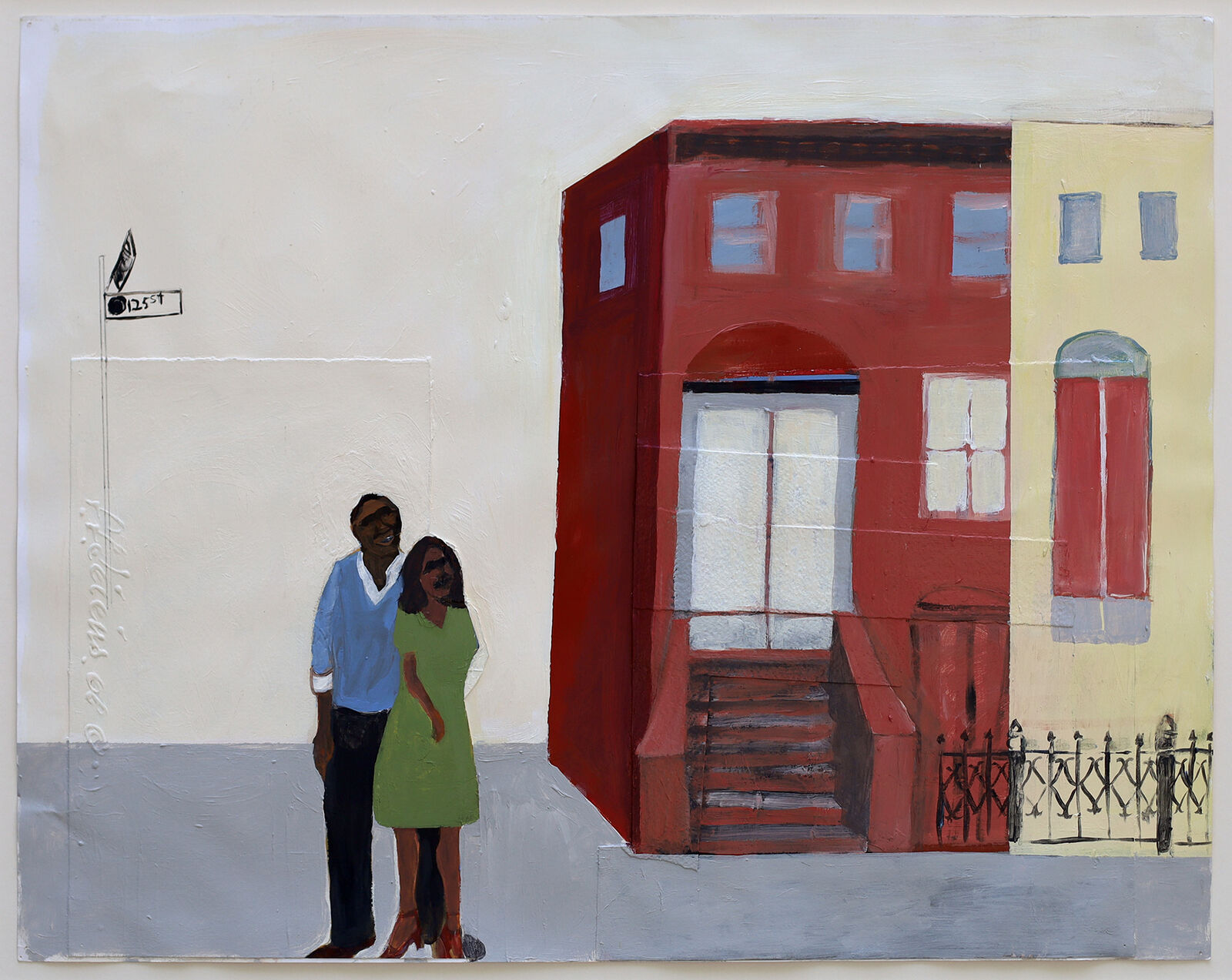 A painting of a man and woman standing in front of a red building.