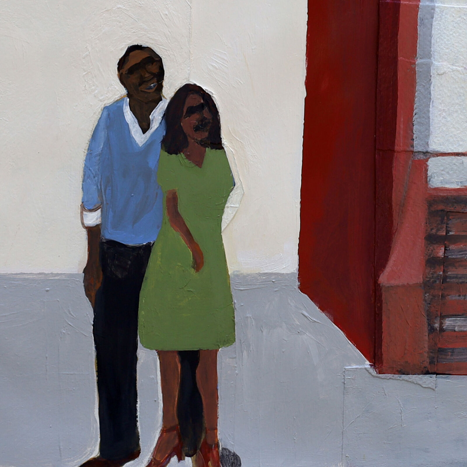 A painting of a man and woman standing in front of a red building.