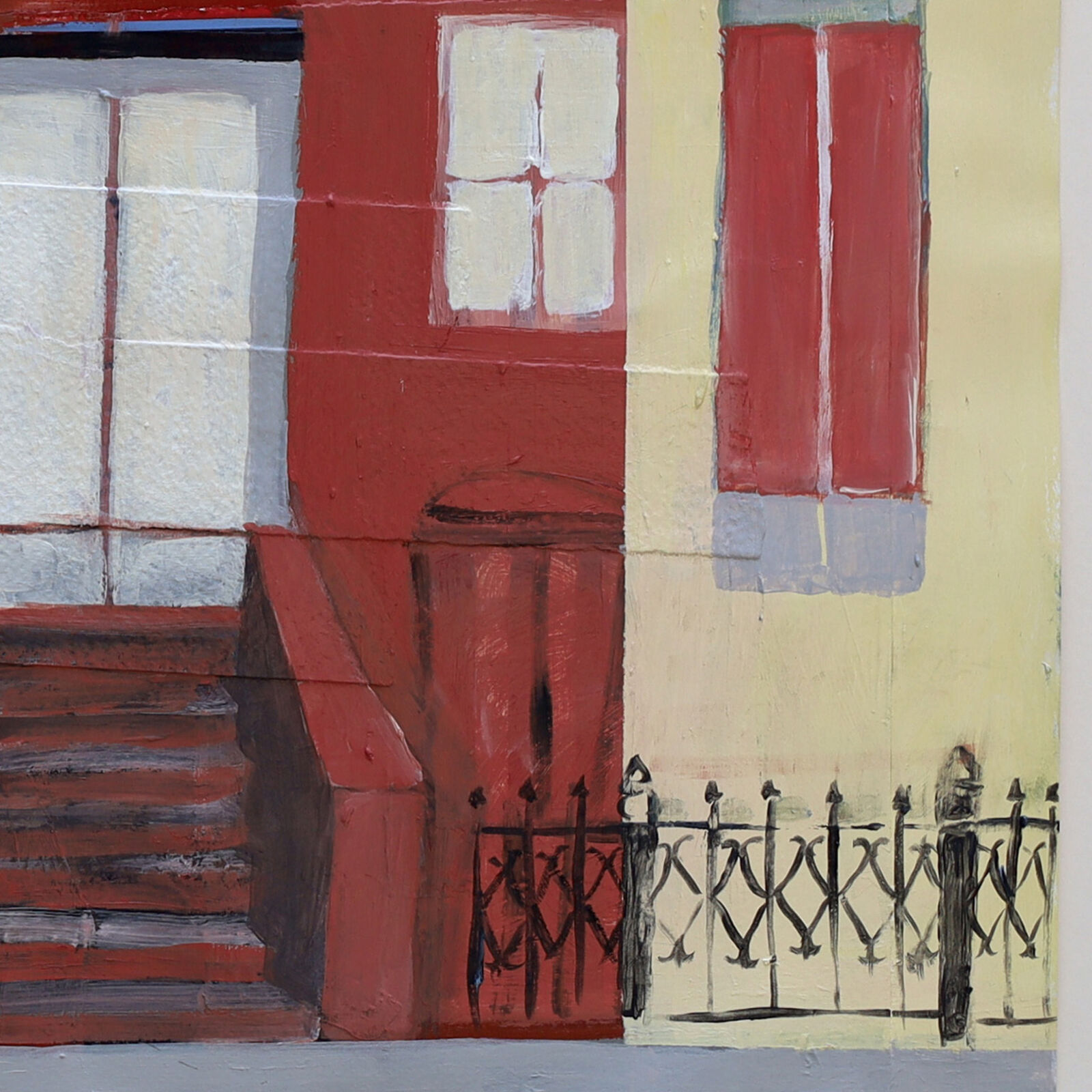 A painting of a man and woman standing in front of a red building.