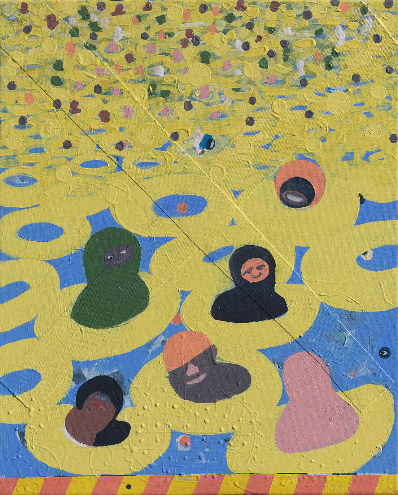 A painting of a group of people in a field of yellow flowers.