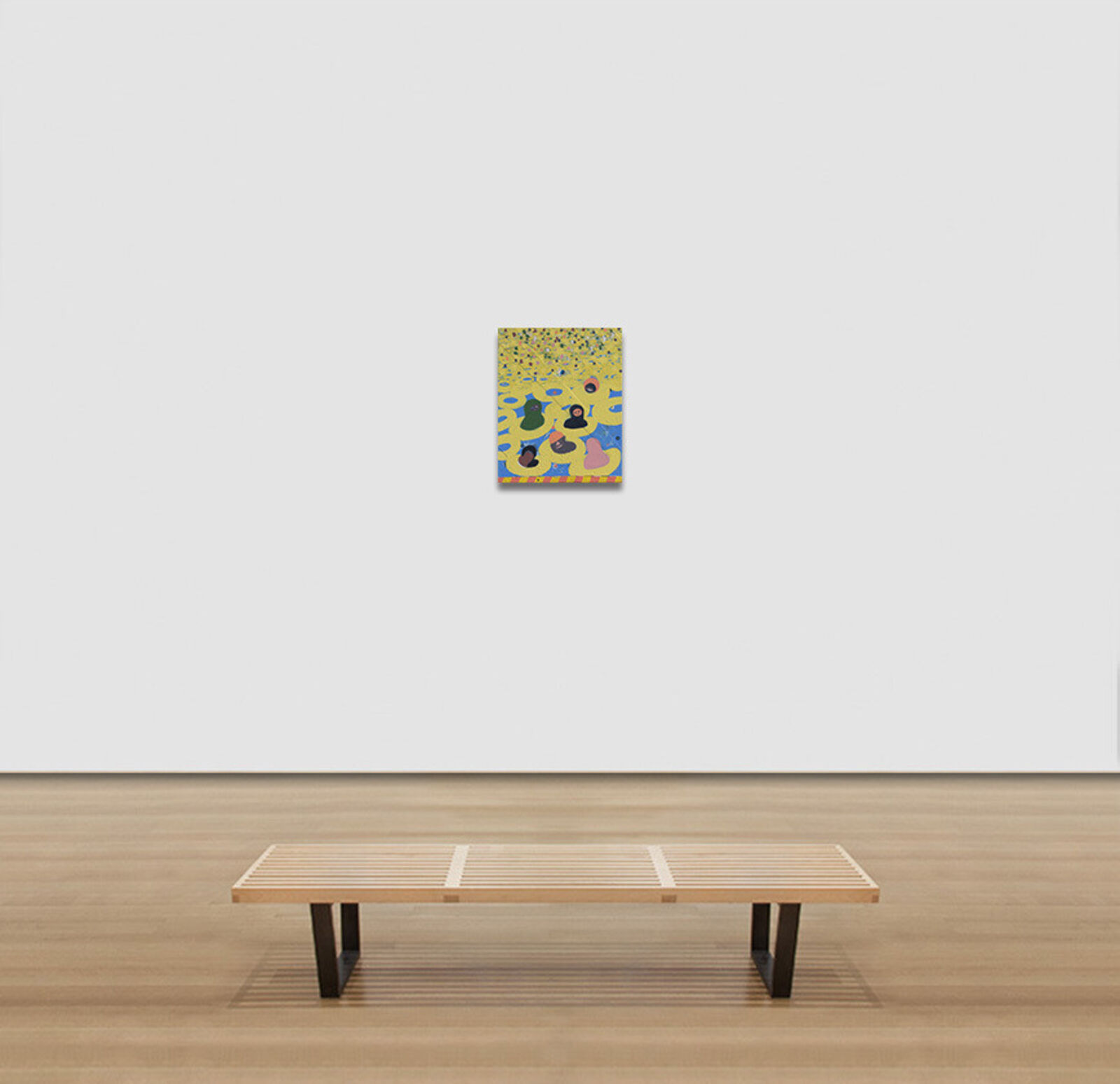 A painting of a group of people in a field of yellow flowers.