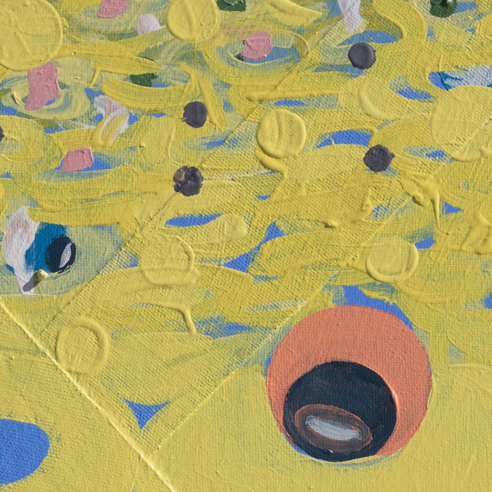 A painting of a group of people in a field of yellow flowers.