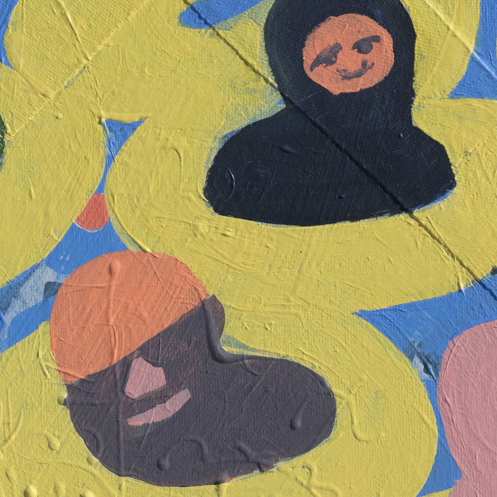 A painting of a group of people in a field of yellow flowers.