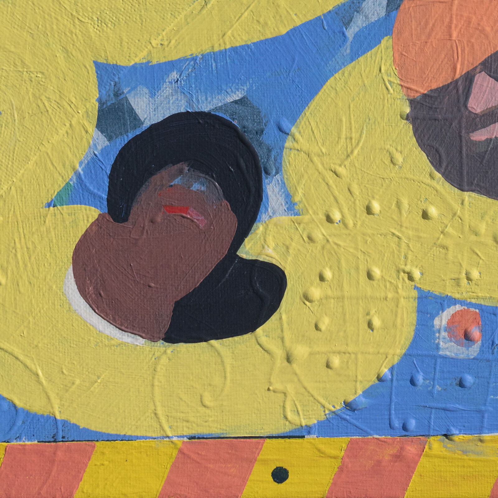 A painting of a group of people in a field of yellow flowers.