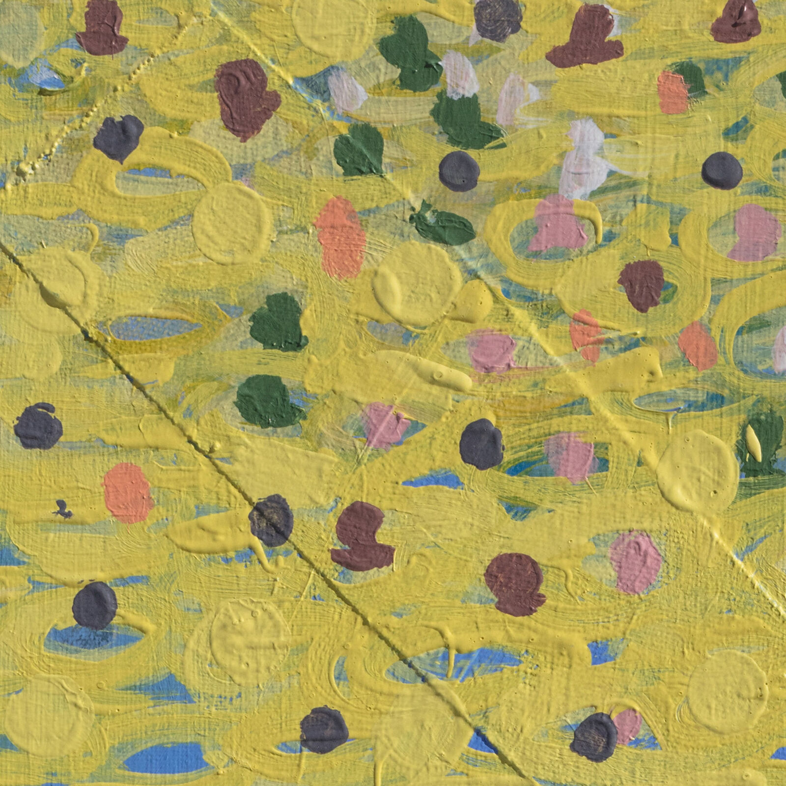 A painting of a group of people in a field of yellow flowers.