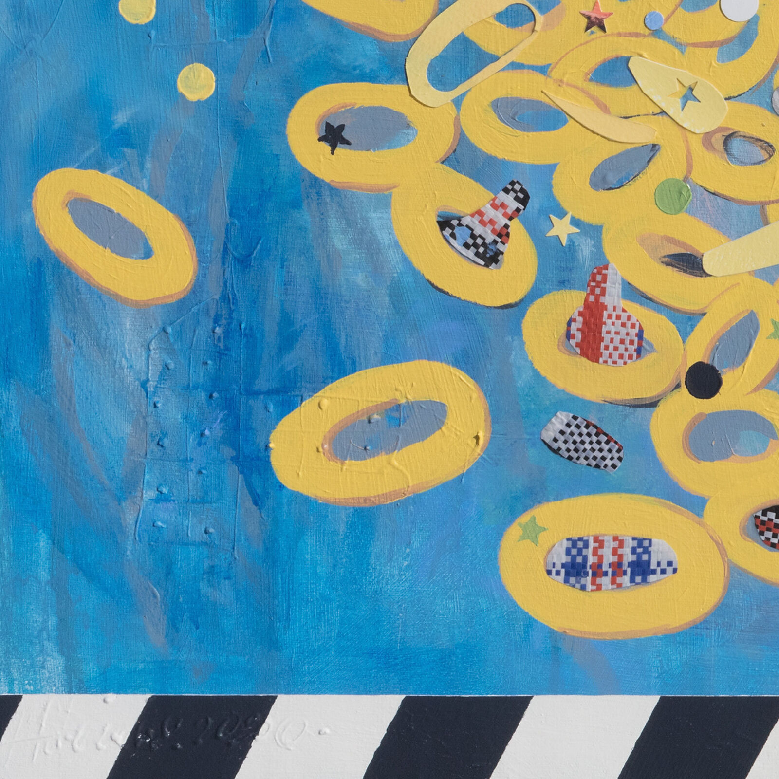 A painting of yellow circles on a blue background.