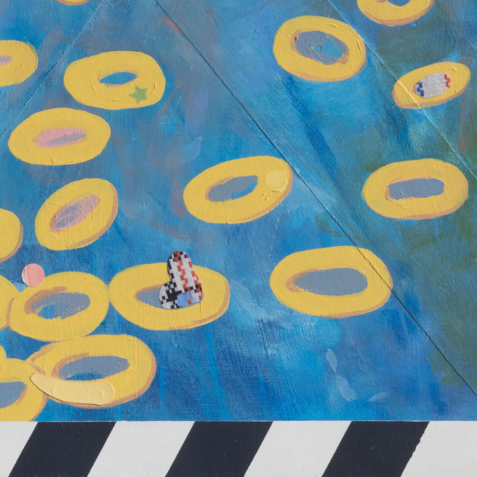 A painting of yellow circles on a blue background.