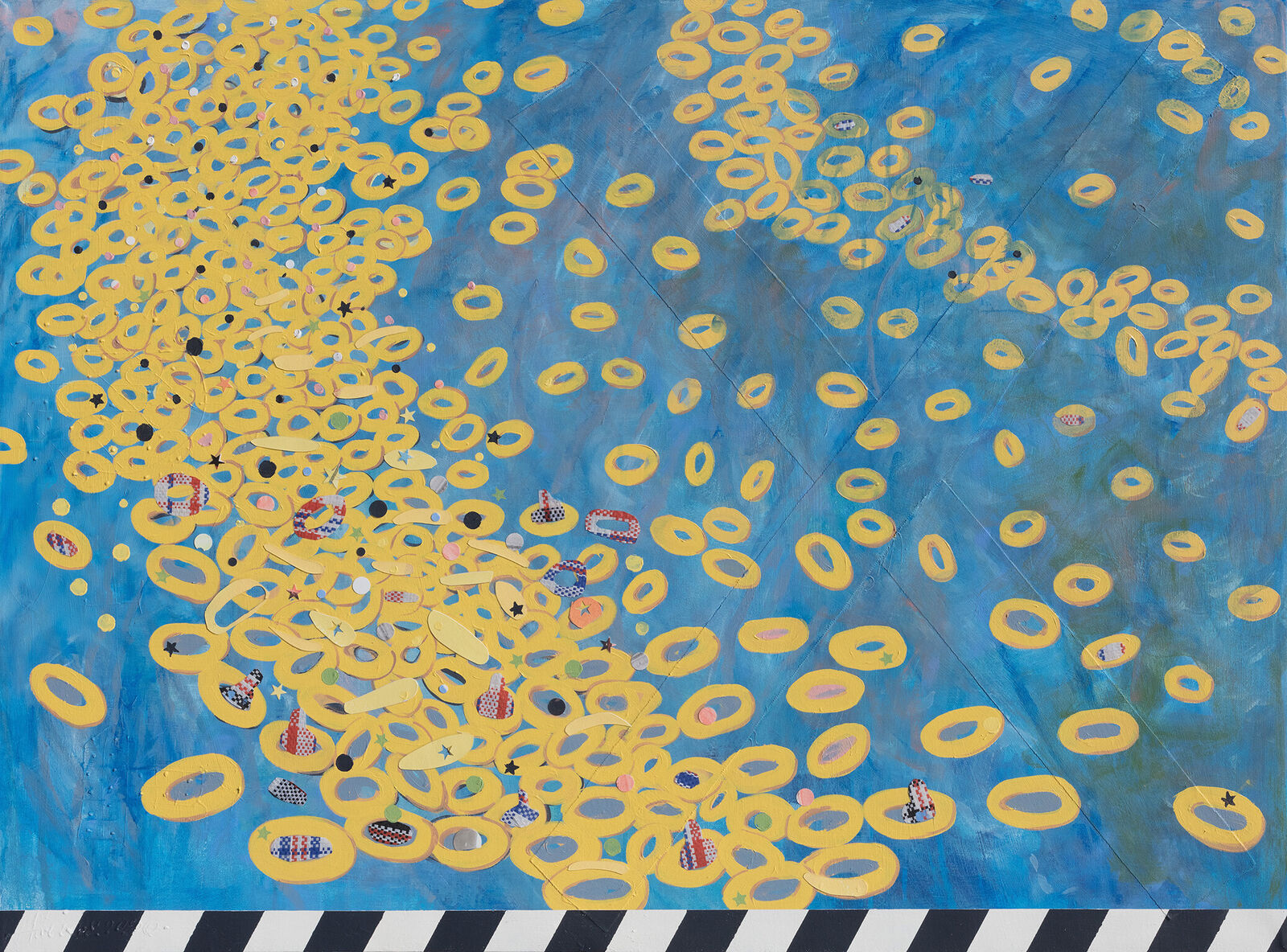 A painting of yellow circles on a blue background.