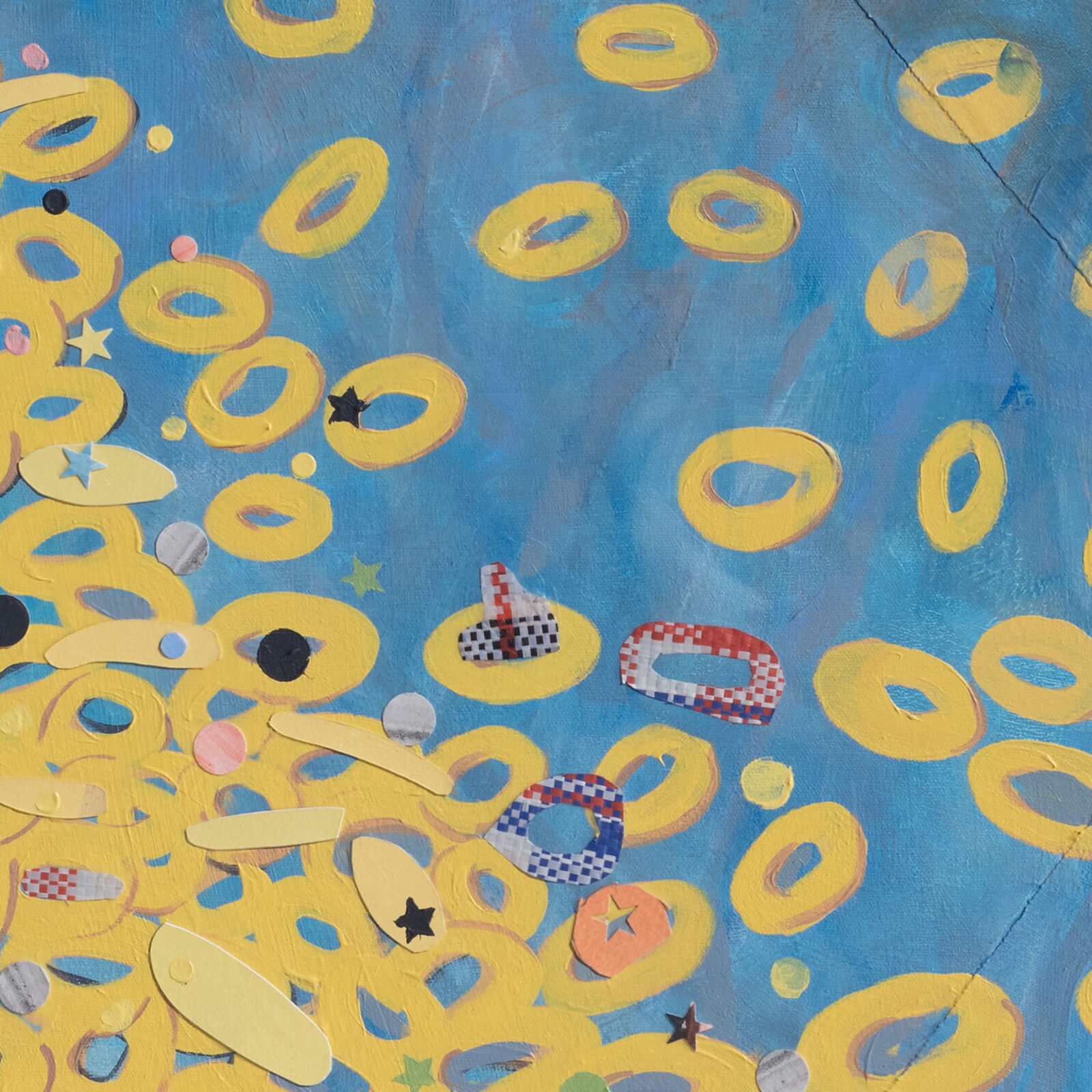 A painting of yellow circles on a blue background.