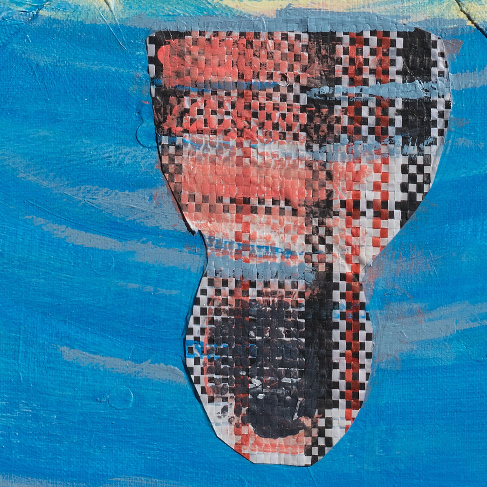 A painting of a person in a red hoodie floating in the water.