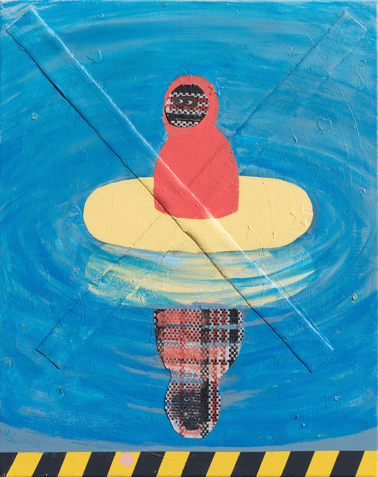 A painting of a person in a red hoodie floating in the water.