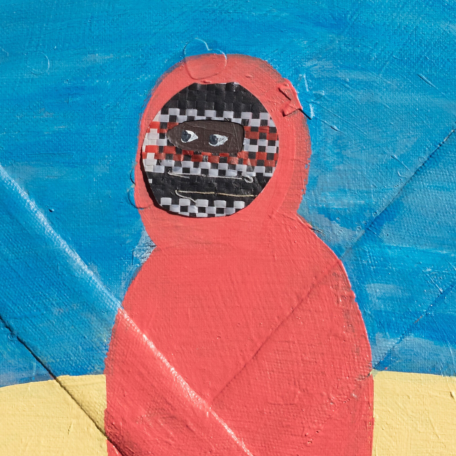 A painting of a person in a red hoodie floating in the water.