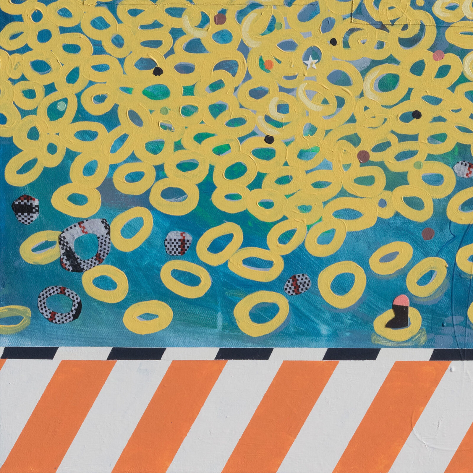 A painting on a wall with a blue background and yellow circles.