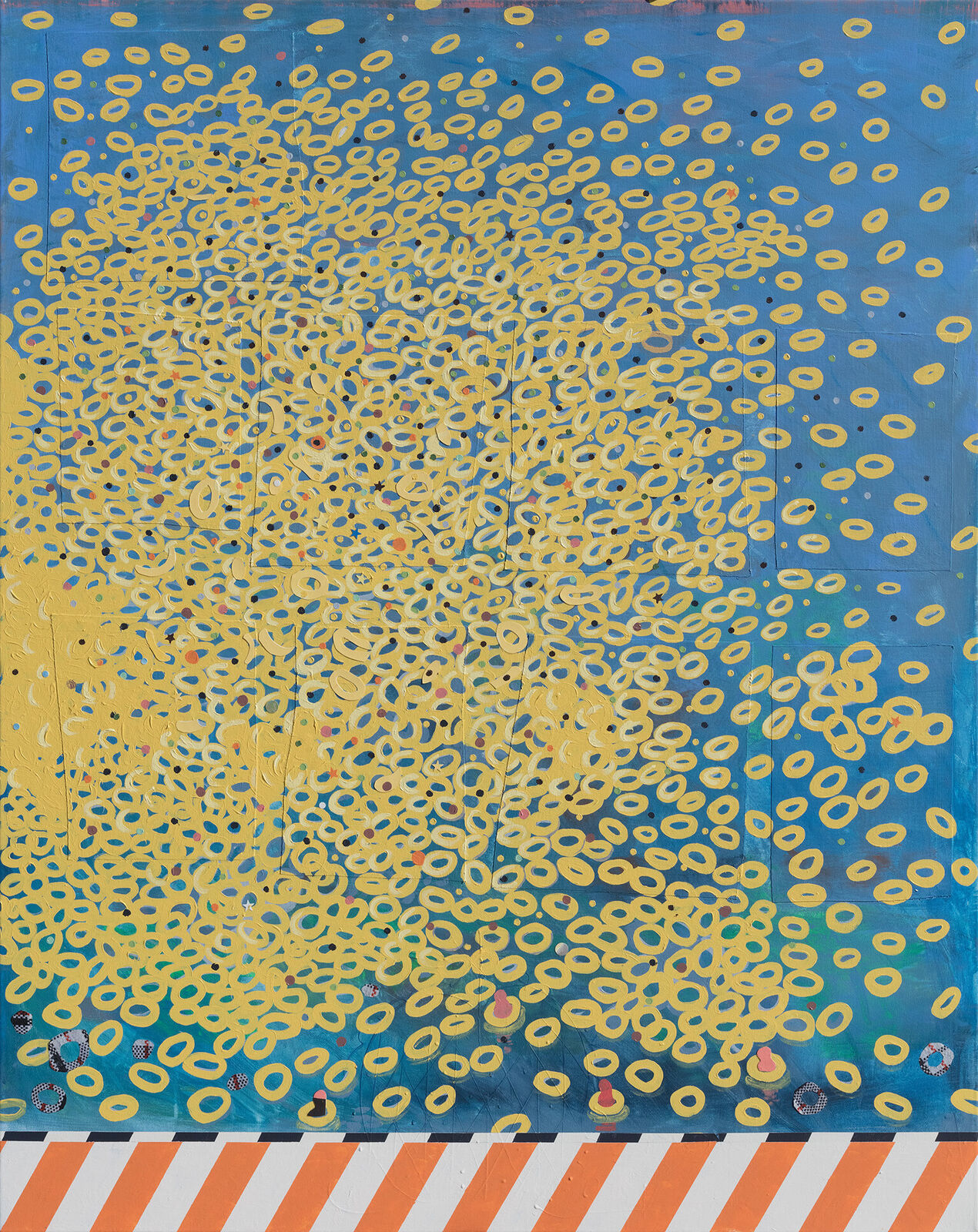 A painting on a wall with a blue background and yellow circles.