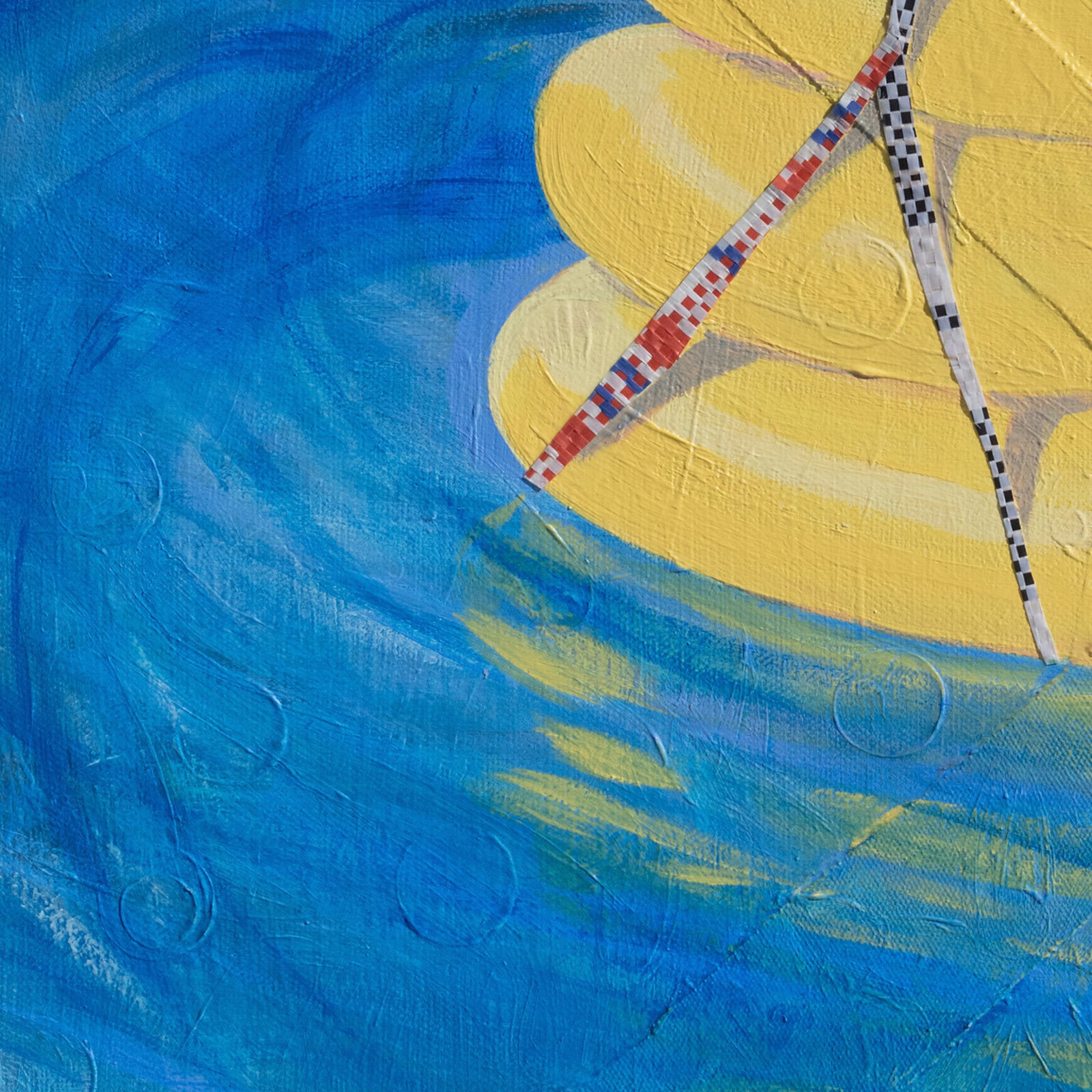 A painting of a person sitting on top of a yellow pyramid in the water.