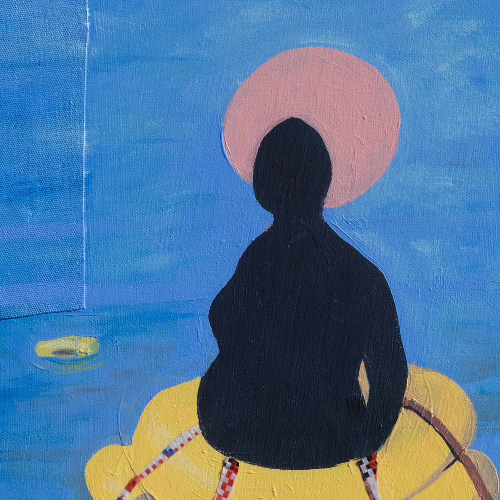 A painting of a person sitting on top of a yellow pyramid in the water.