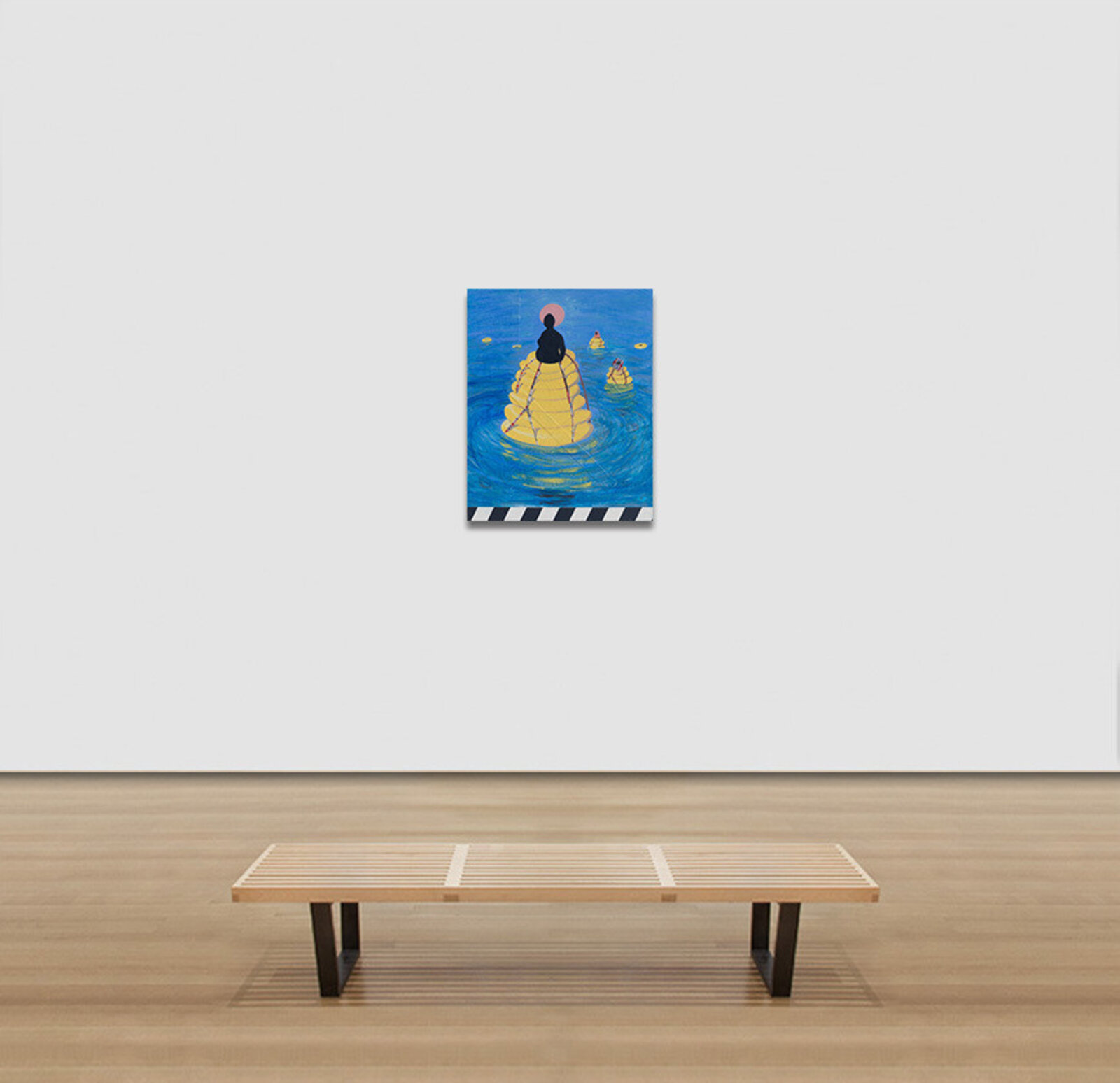 A painting of a person sitting on top of a yellow pyramid in the water.