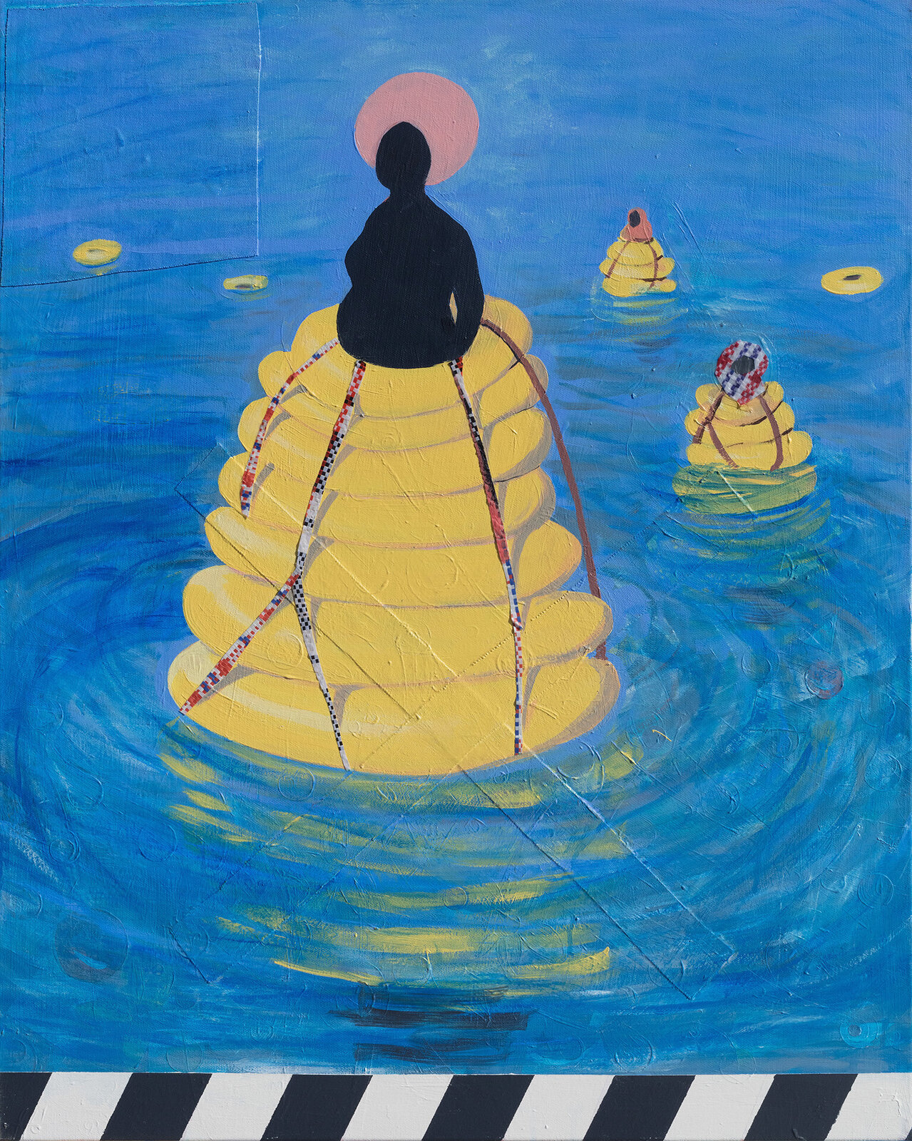 A painting of a person sitting on top of a yellow pyramid in the water.