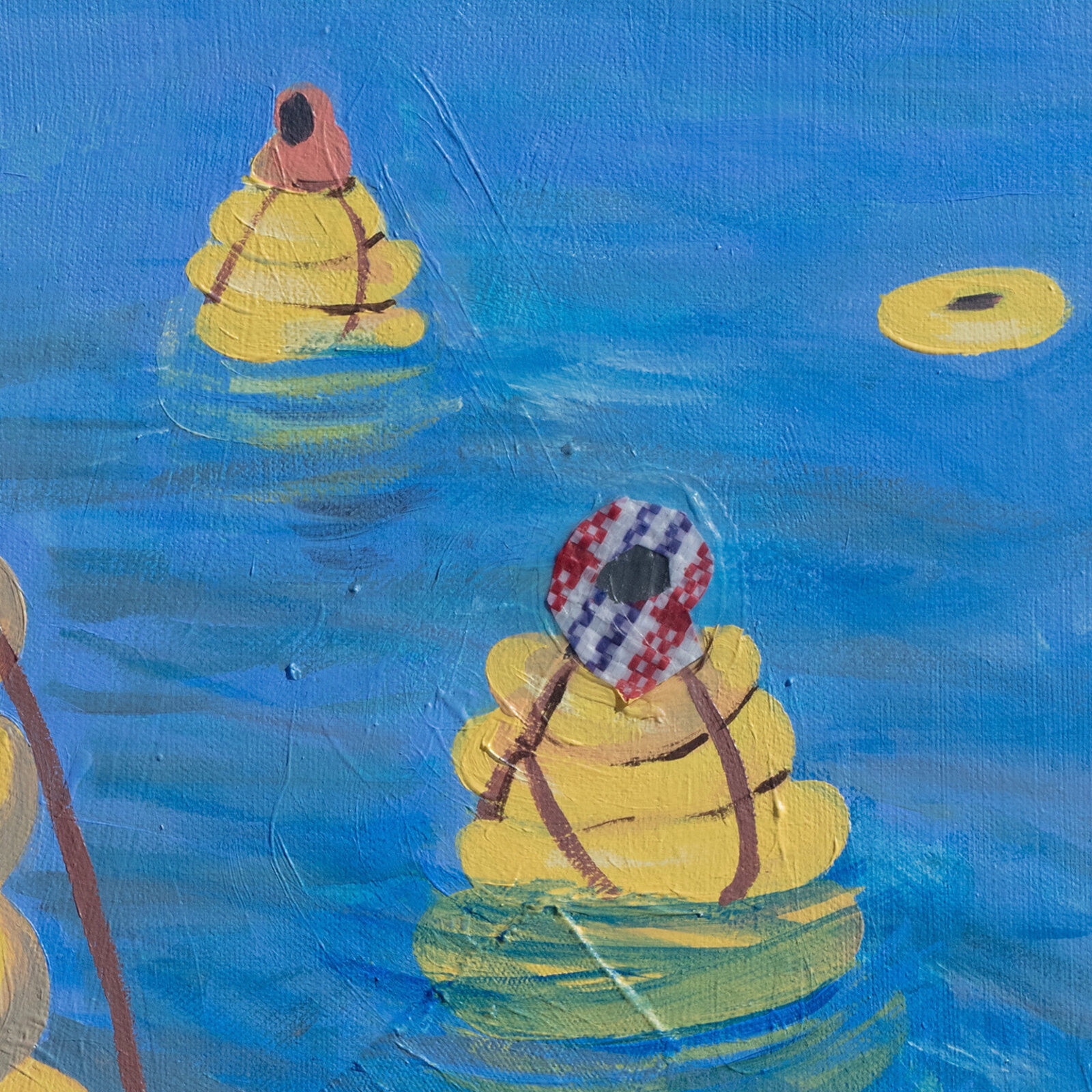 A painting of a person sitting on top of a yellow pyramid in the water.