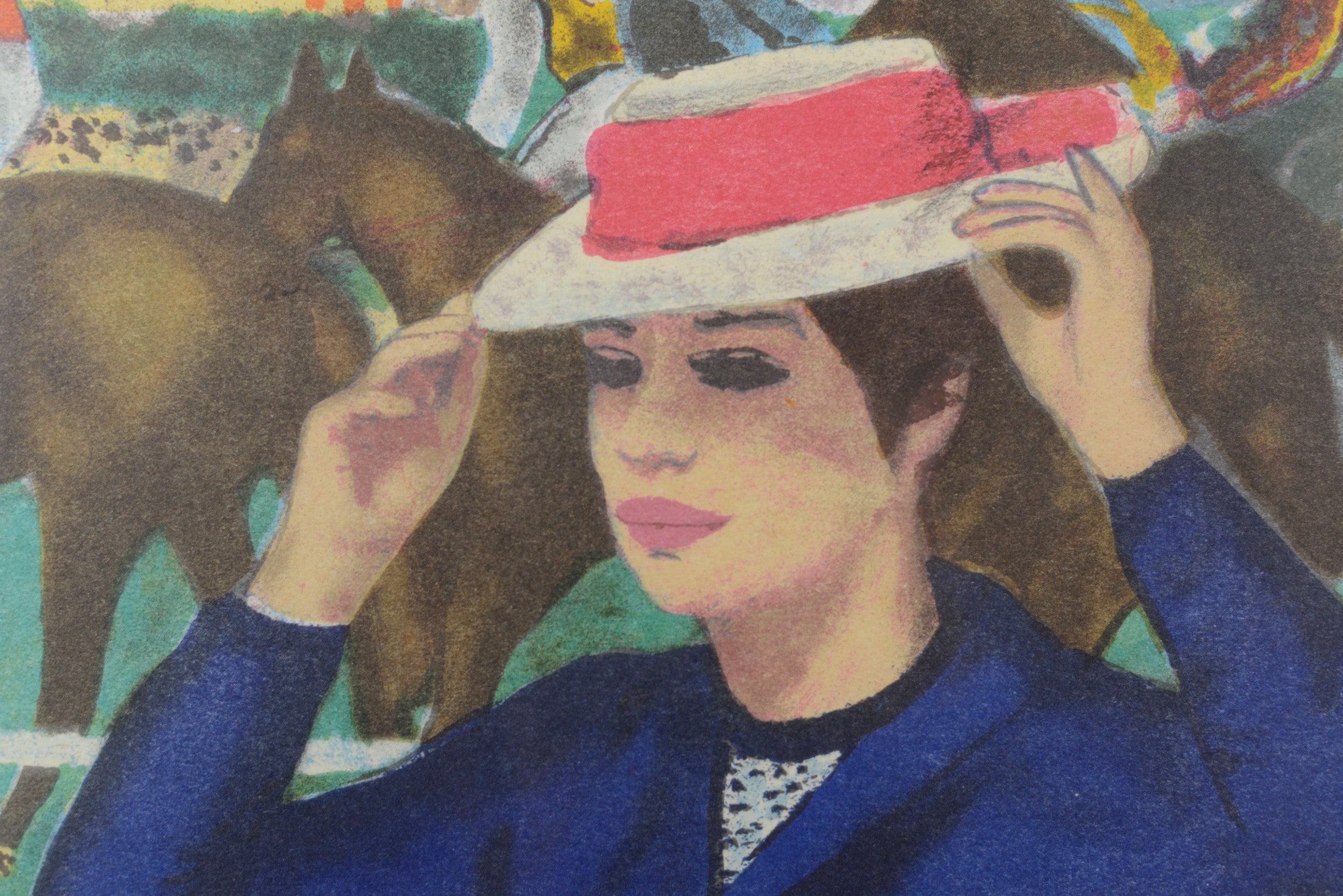 Artwork by François Gall, Horse races at Auteuil - Lady with hat, Made of Lithograph 