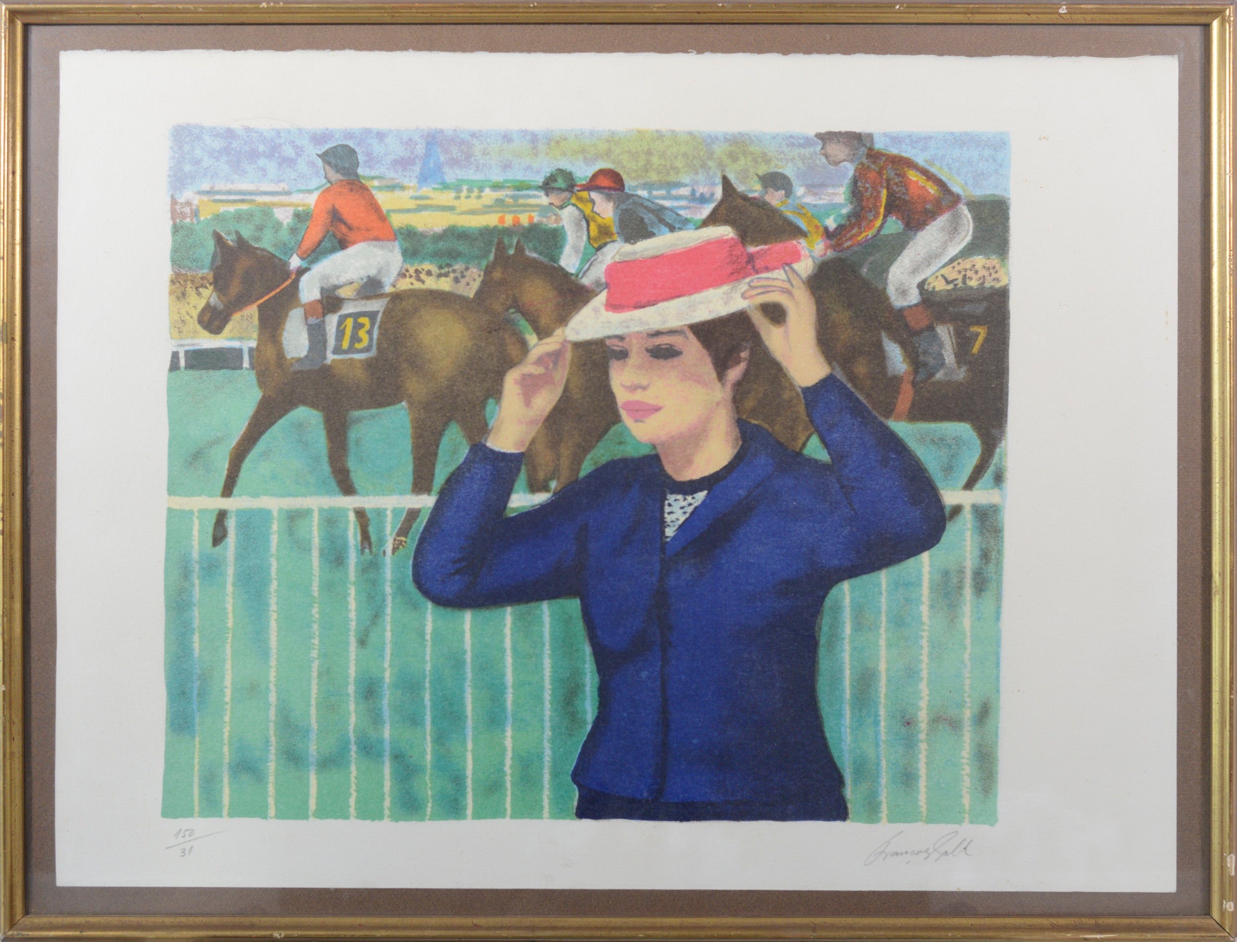 Artwork by François Gall, Horse races at Auteuil - Lady with hat, Made of Lithograph 