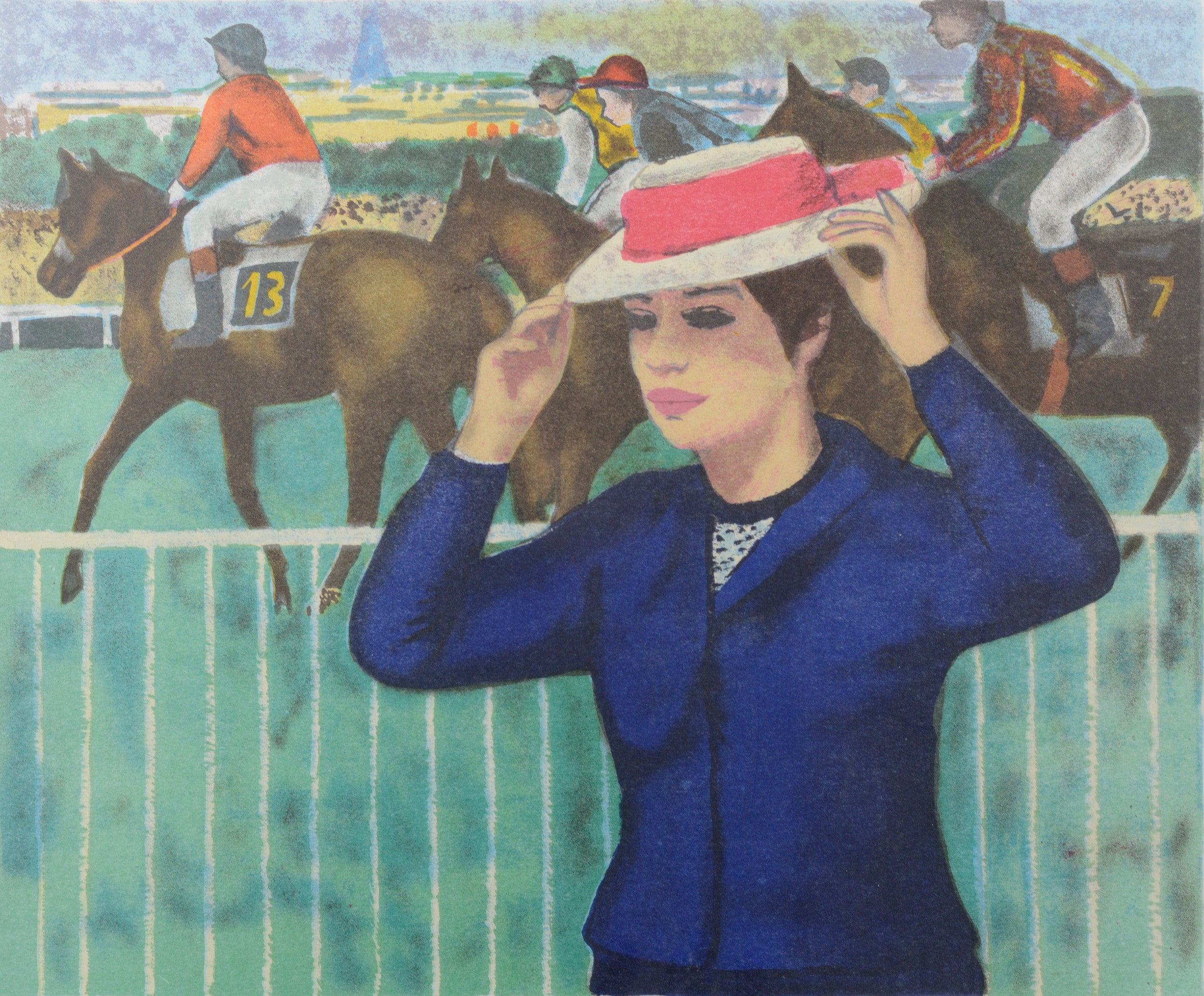 Artwork by François Gall, Horse races at Auteuil - Lady with hat, Made of Lithograph 