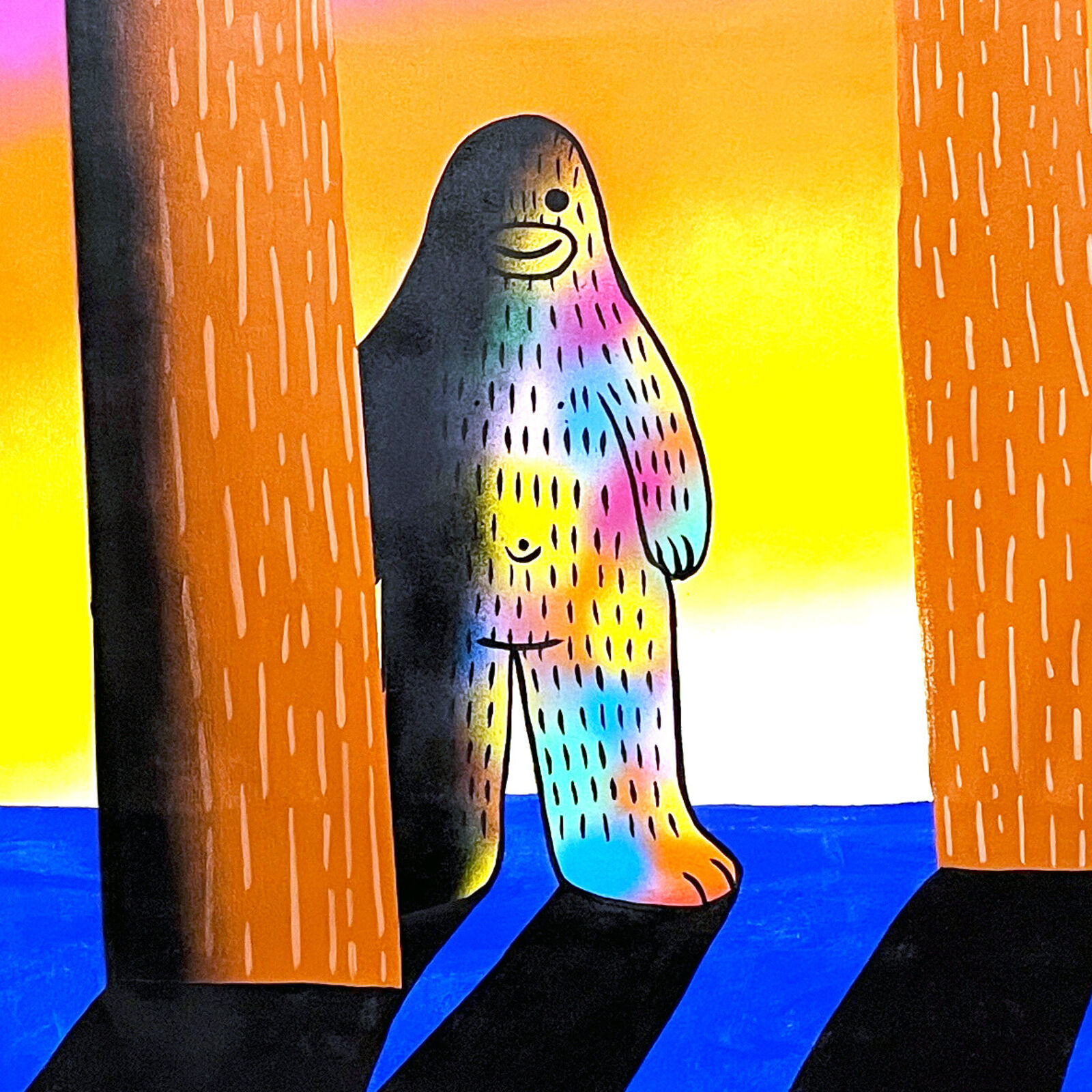 A painting of a bear standing in the middle of a forest.