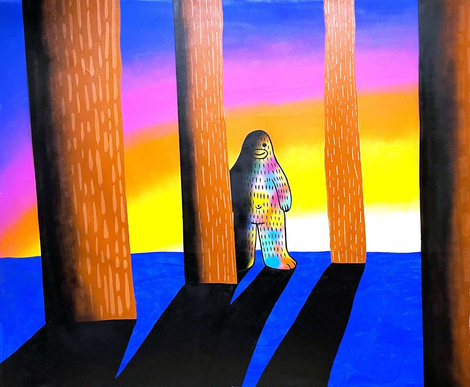 A painting of a bear standing in the middle of a forest.