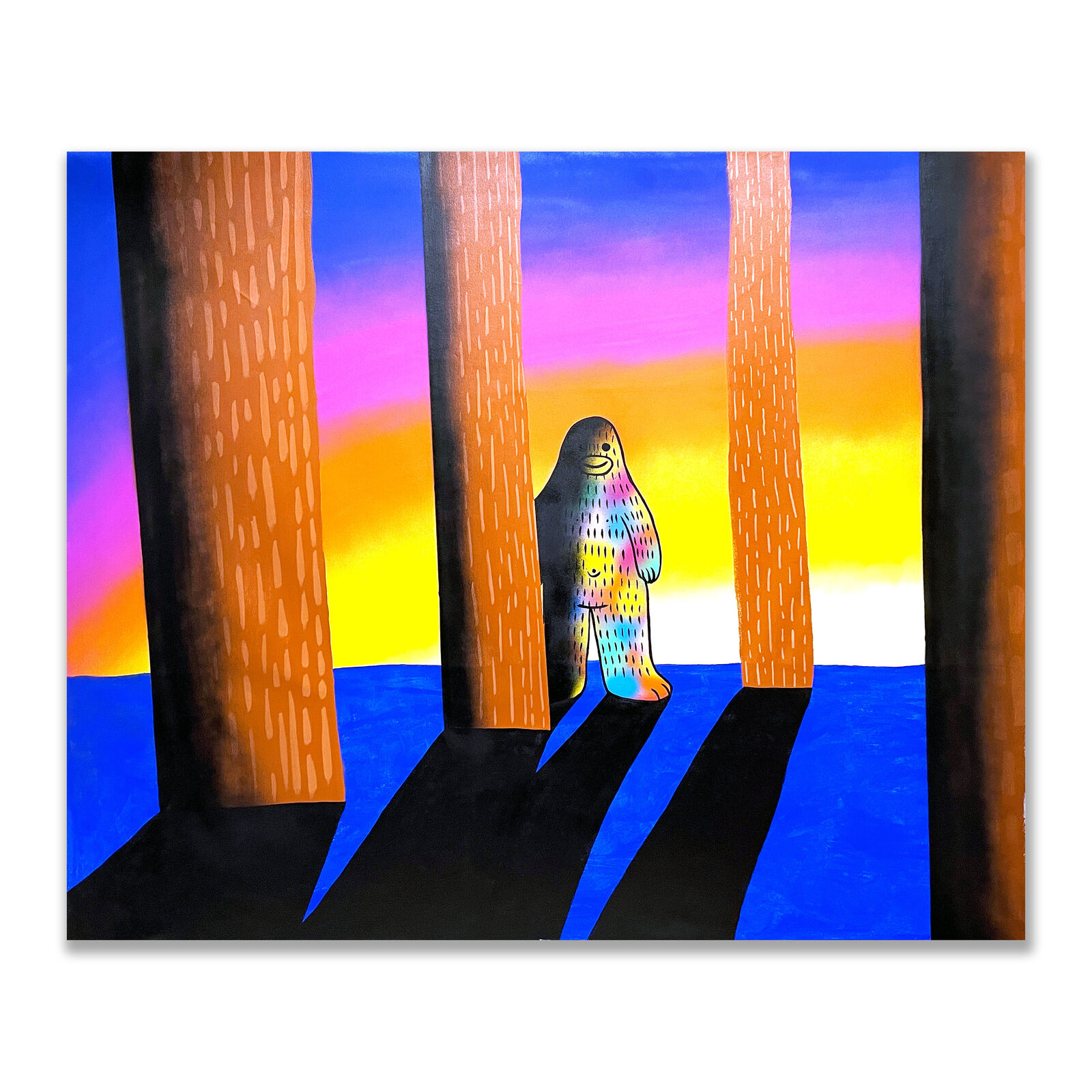 A painting of a bear standing in the middle of a forest.