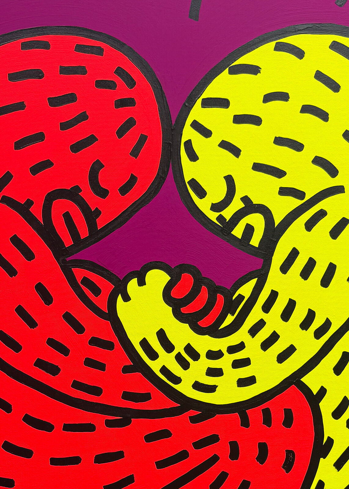 A painting of a red and yellow heart on a purple background.