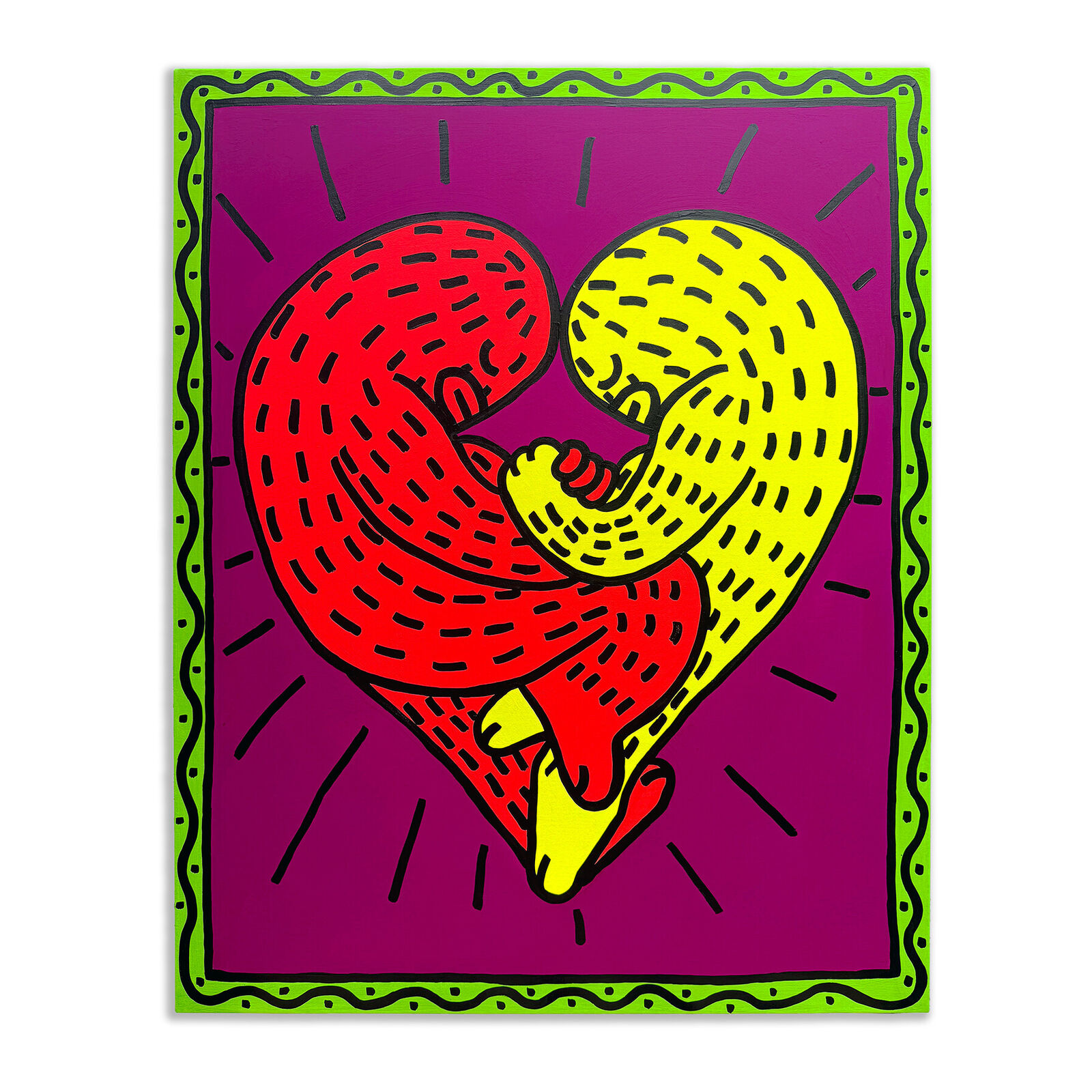 A painting of a red and yellow heart on a purple background.