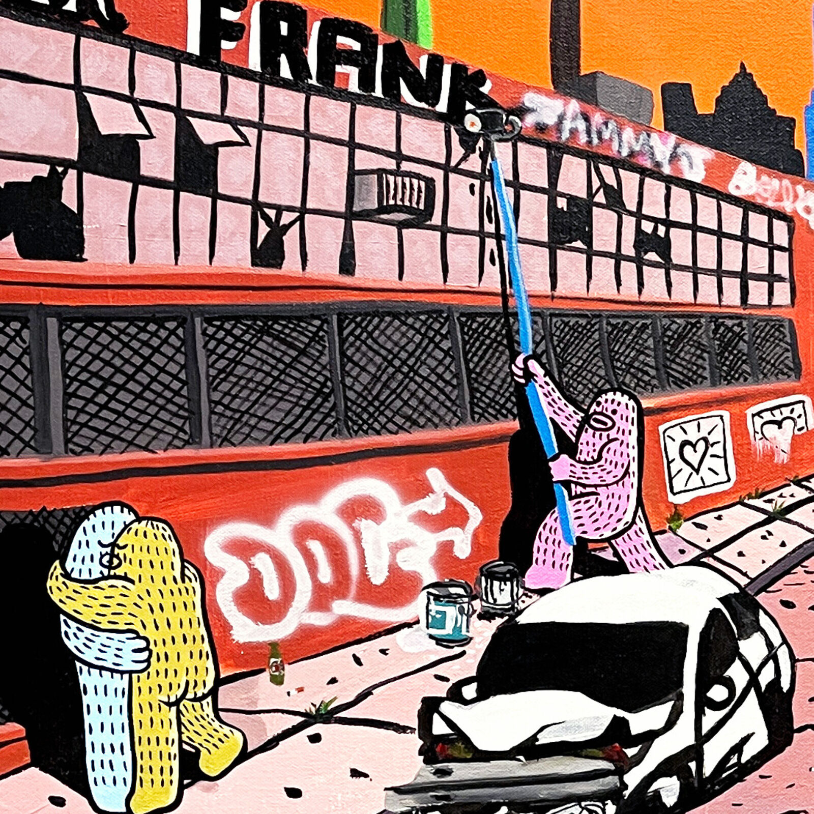 A painting of a person riding a skateboard down a street.