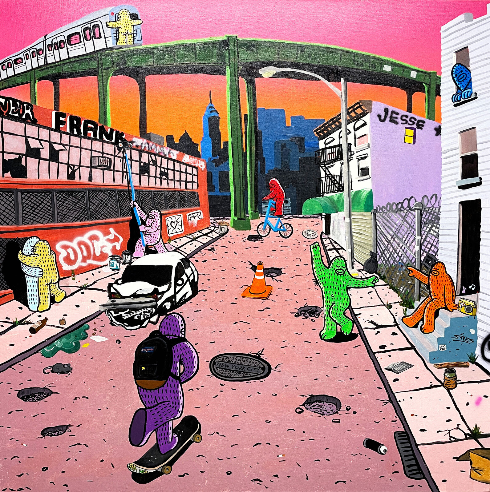 A painting of a person riding a skateboard down a street.