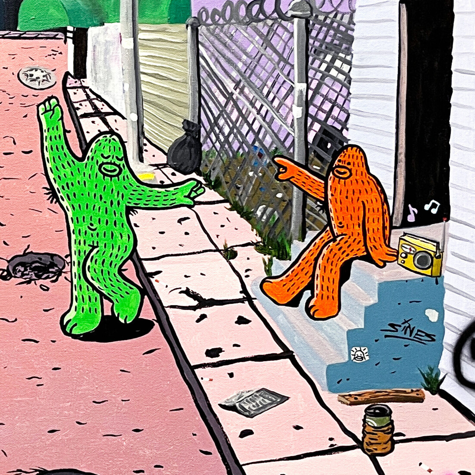 A painting of a person riding a skateboard down a street.