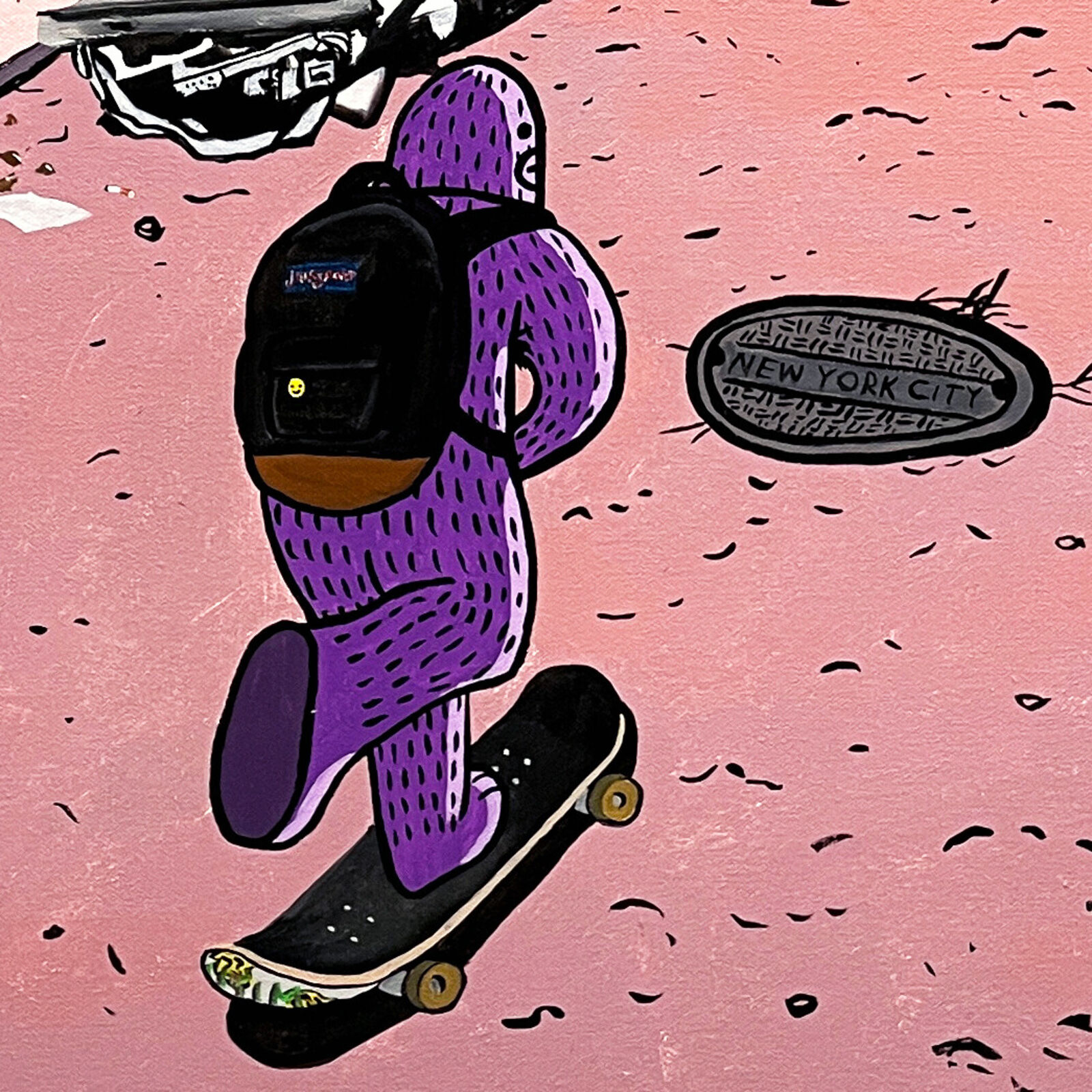 A painting of a person riding a skateboard down a street.