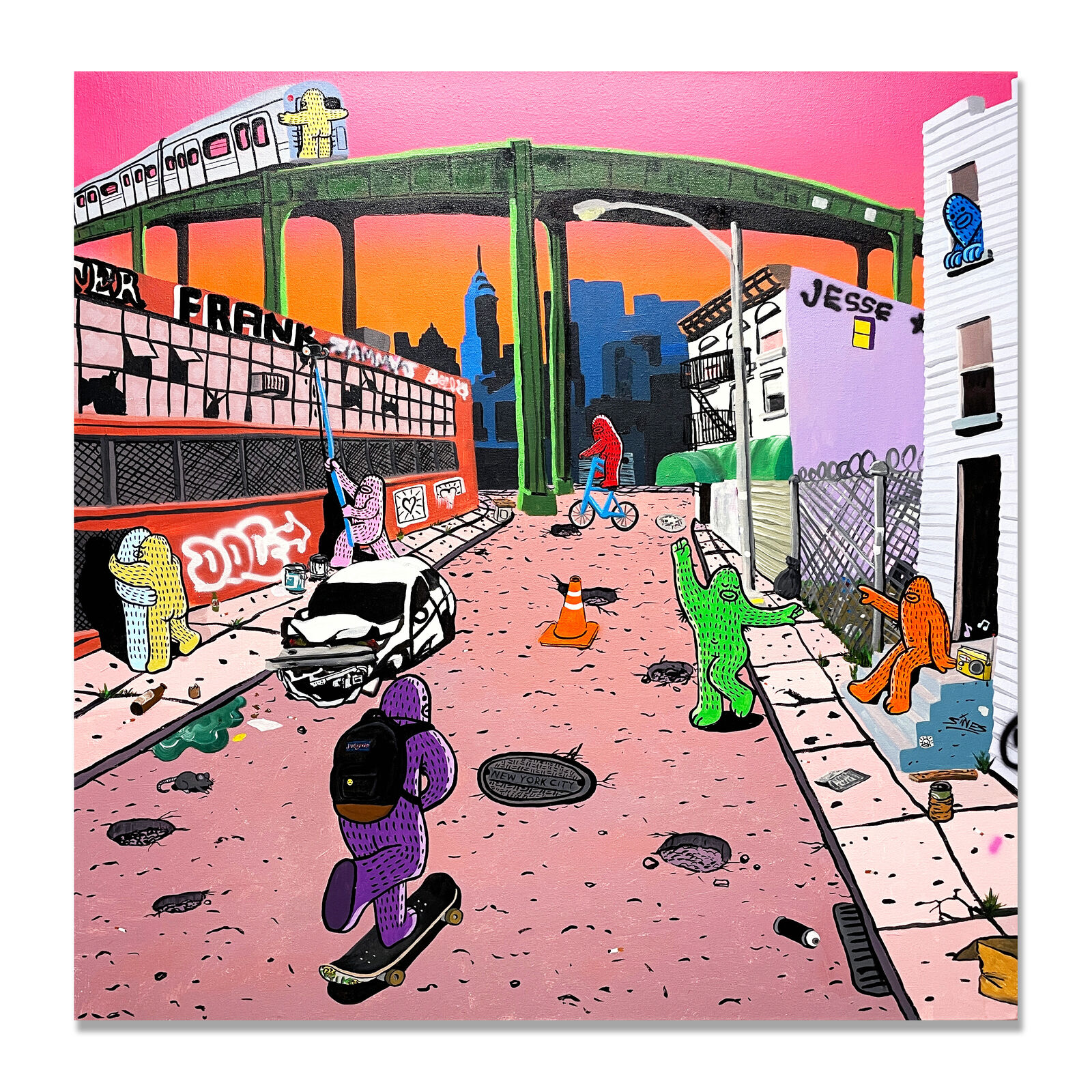 A painting of a person riding a skateboard down a street.