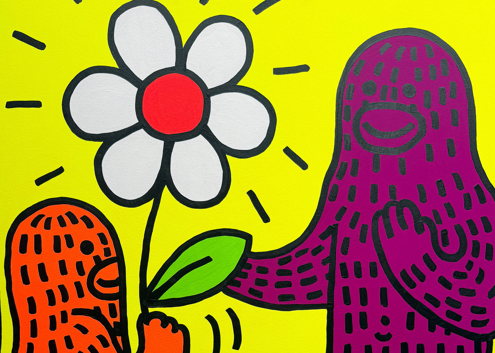 A painting of two people holding a flower in their hands.