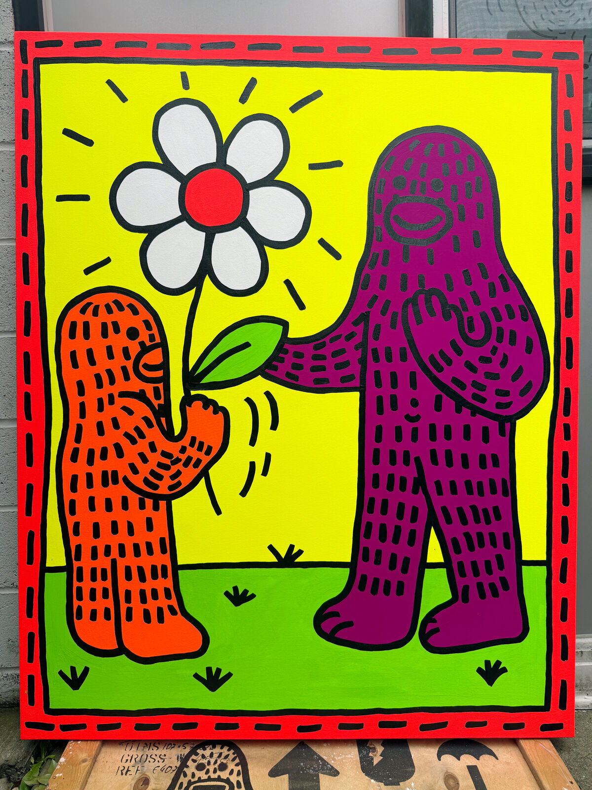 A painting of two people holding a flower in their hands.