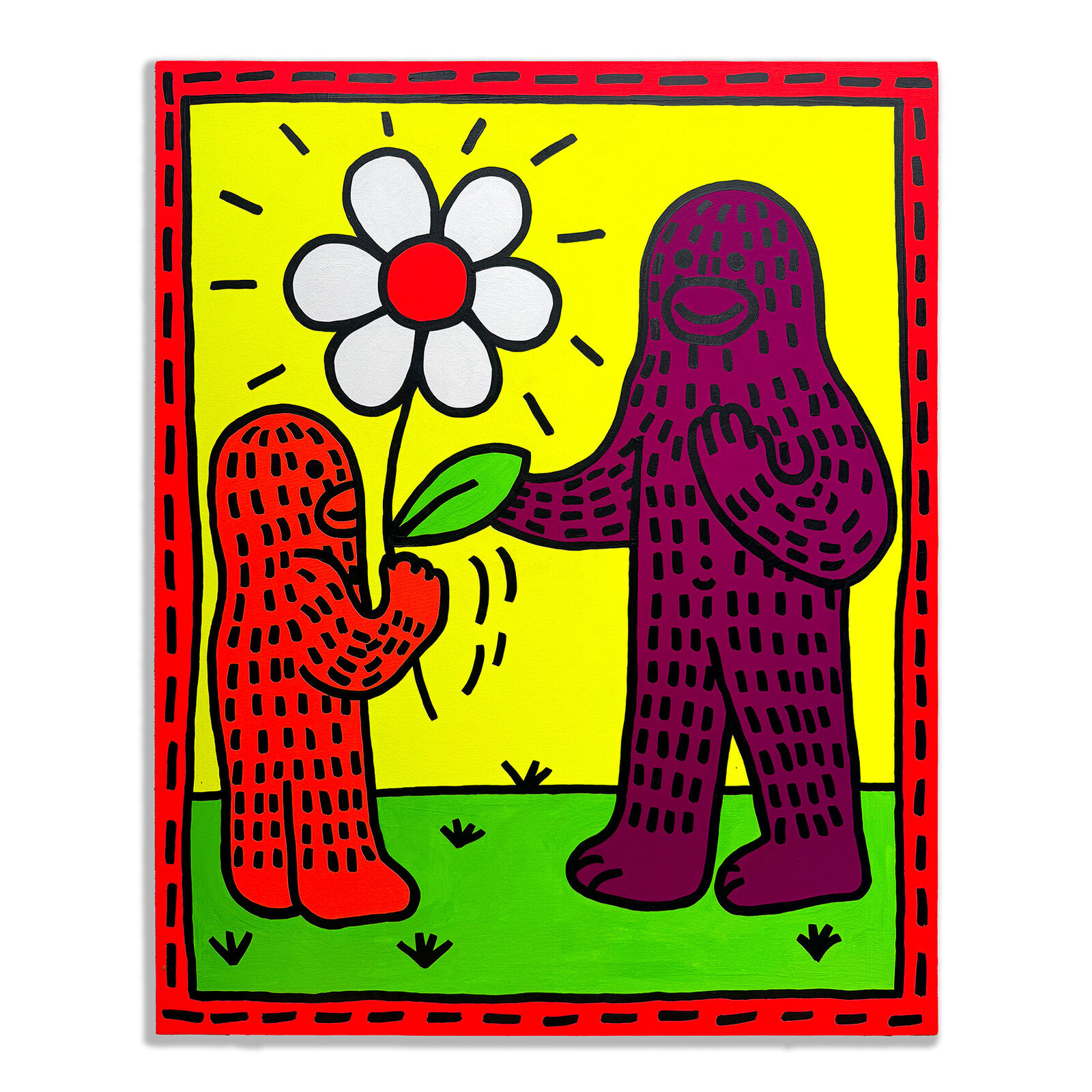 A painting of two people holding a flower in their hands.